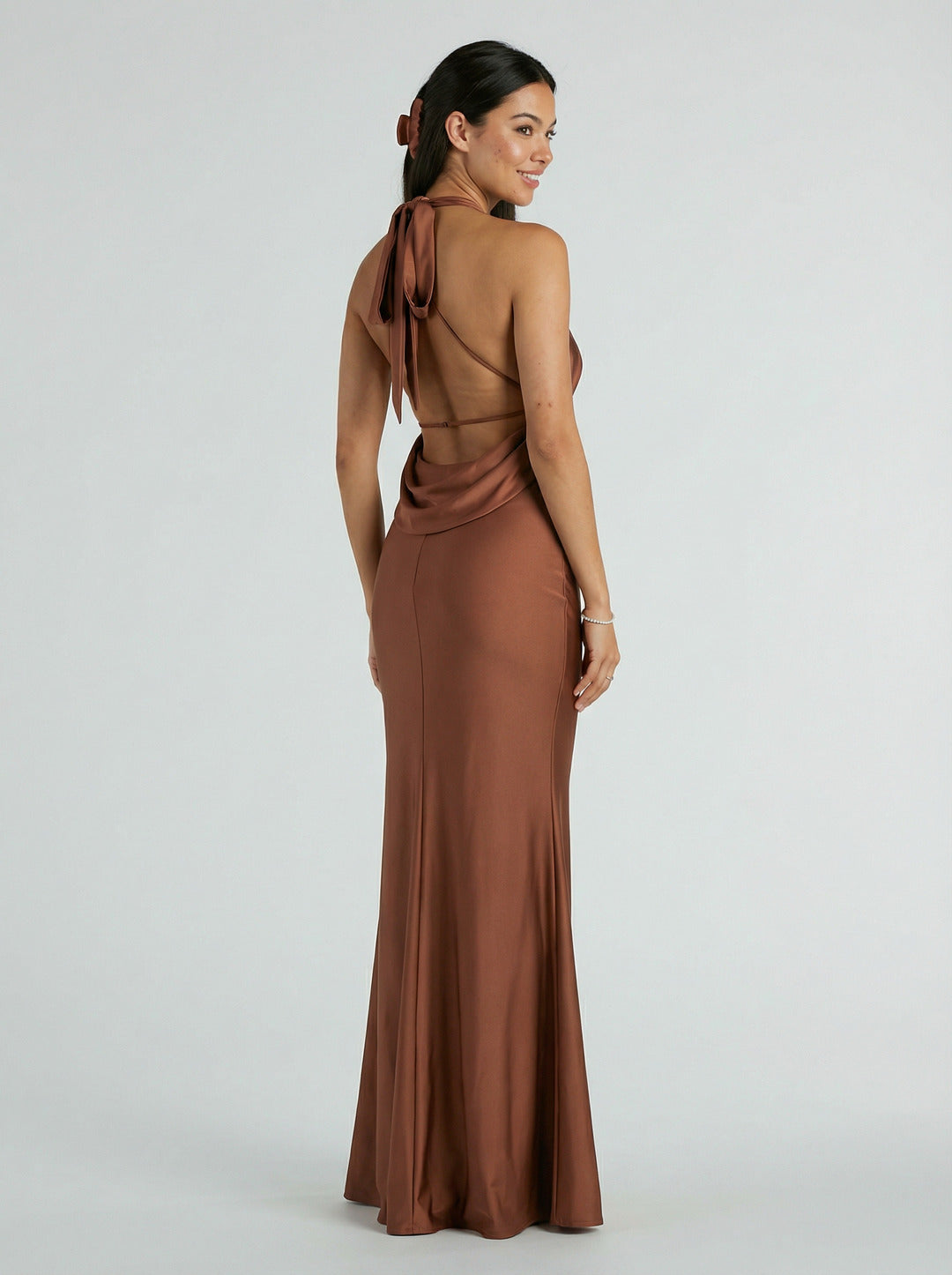 Elegant Brown Satin mermaid V-Neck Ankle-Length Bridesmaid Dress with Minimalist Design