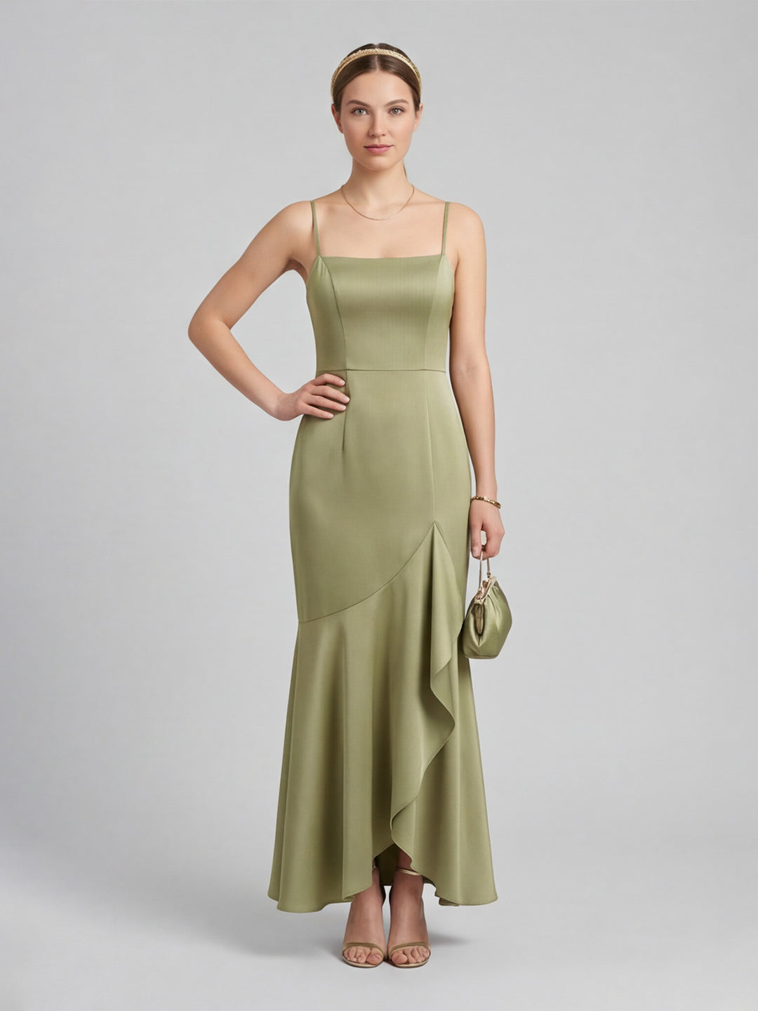 Elegant Sage Green Satin mermaid Straight Neck Backless with Bow Ankle-Length Bridesmaid Dress