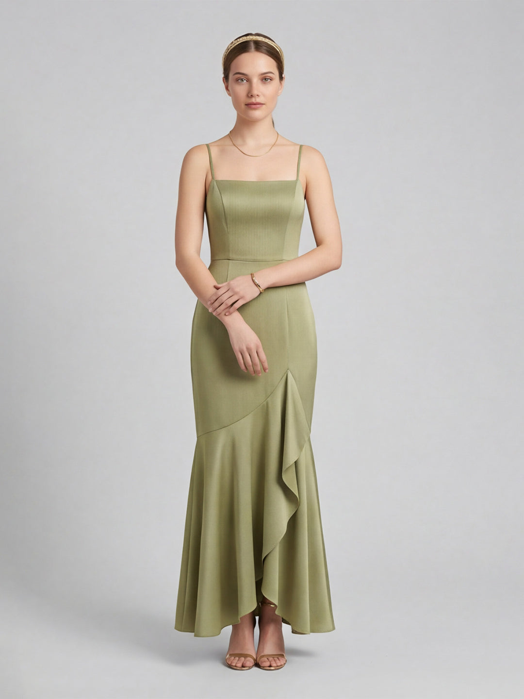 Elegant Sage Green Satin mermaid Straight Neck Backless with Bow Ankle-Length Bridesmaid Dress