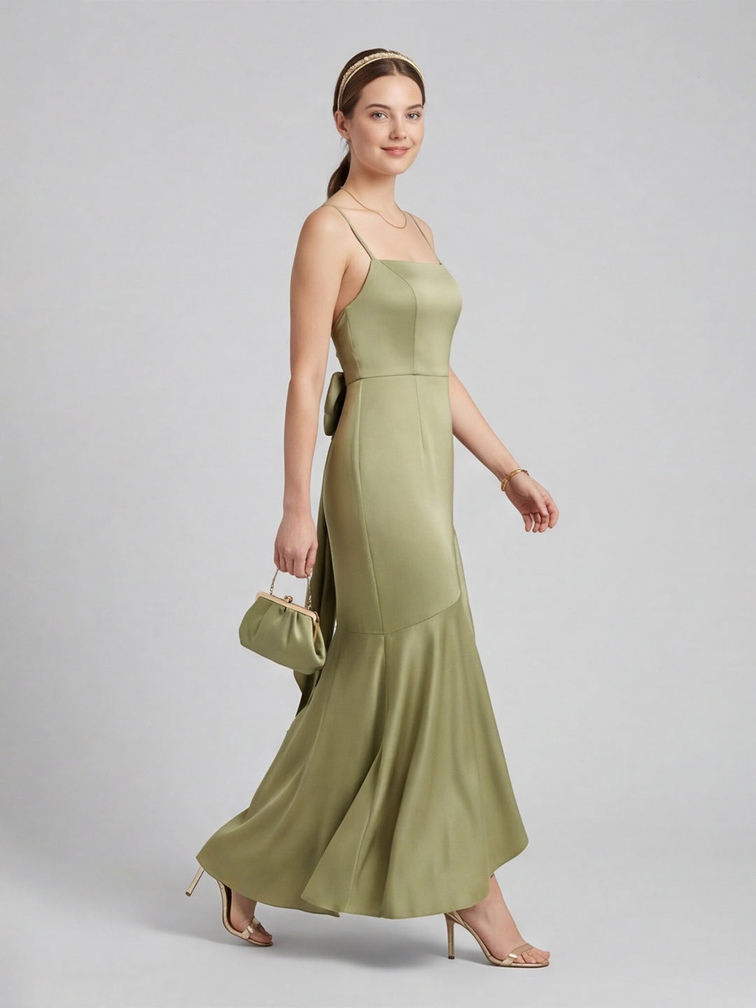 Elegant Sage Green Satin mermaid Straight Neck Backless with Bow Ankle-Length Bridesmaid Dress