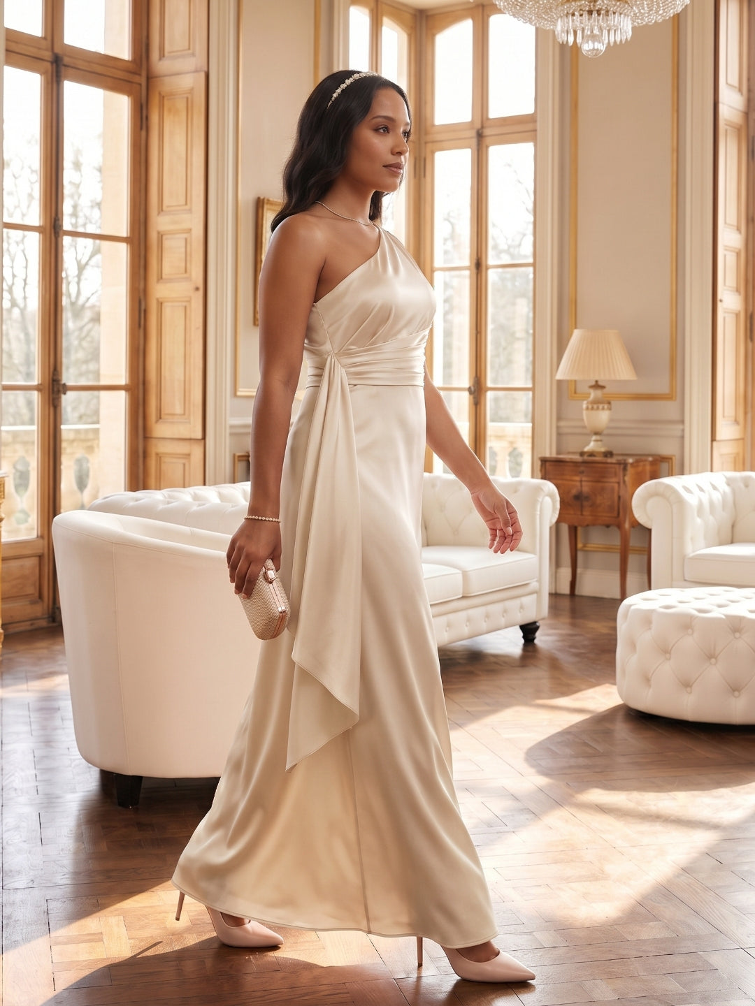 Elegant Sand Satin A-Line One Shoulder Side Zip Ankle-Length Bridesmaid Dress