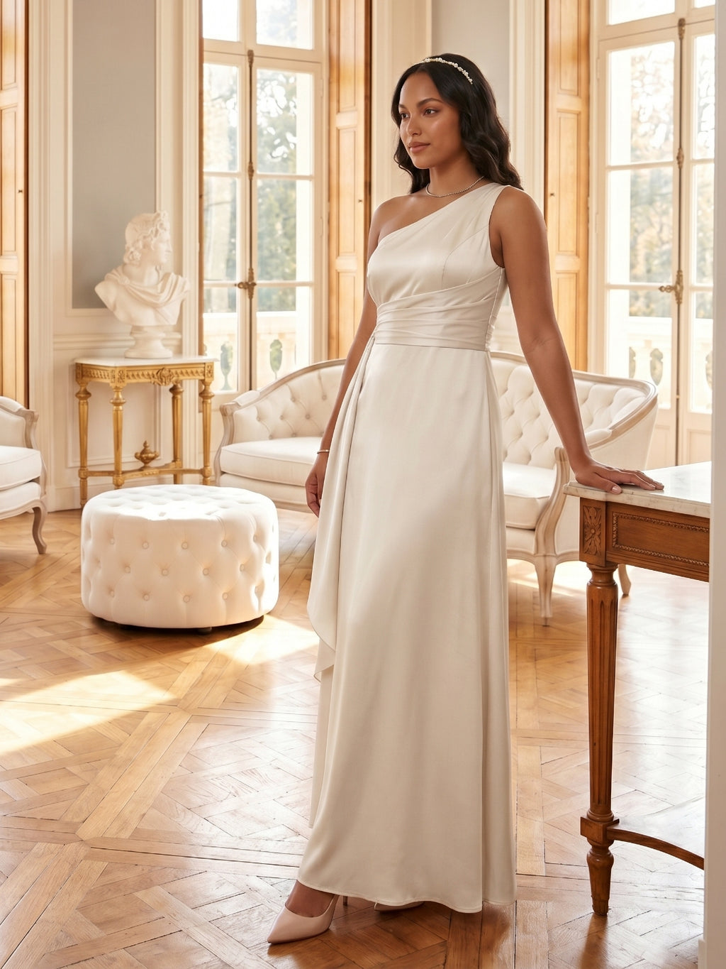 Elegant Sand Satin A-Line One Shoulder Side Zip Ankle-Length Bridesmaid Dress