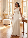 Elegant Sand Satin A-Line One Shoulder Side Zip Ankle-Length Bridesmaid Dress