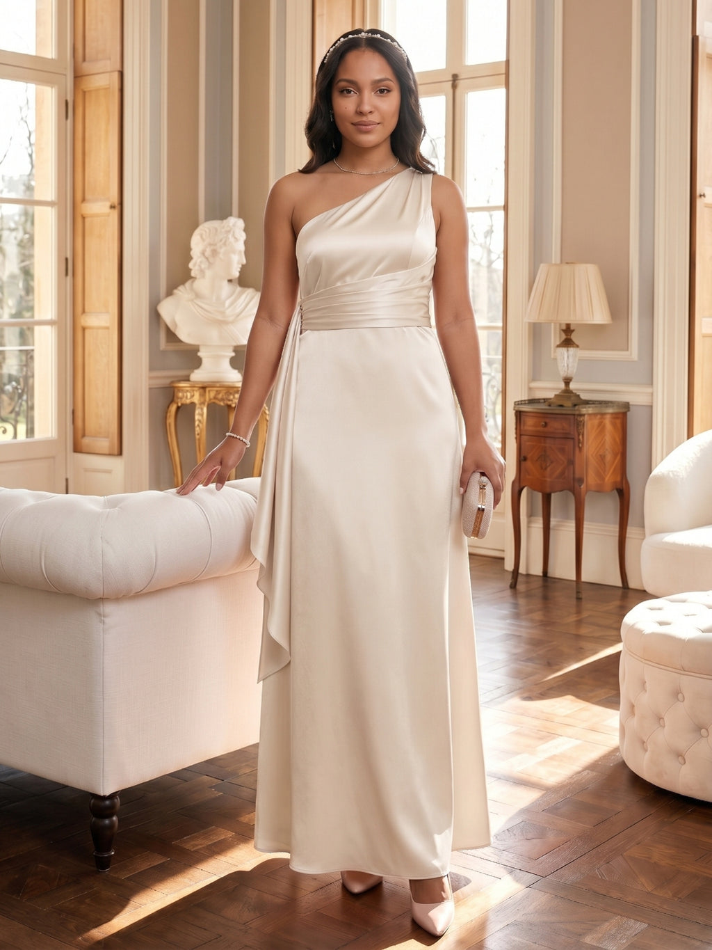Elegant Sand Satin A-Line One Shoulder Side Zip Ankle-Length Bridesmaid Dress