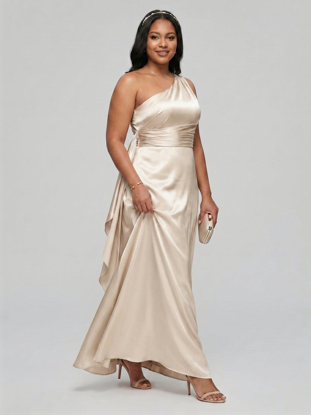 Elegant Sand Satin A-Line One Shoulder Side Zip Ankle-Length Bridesmaid Dress