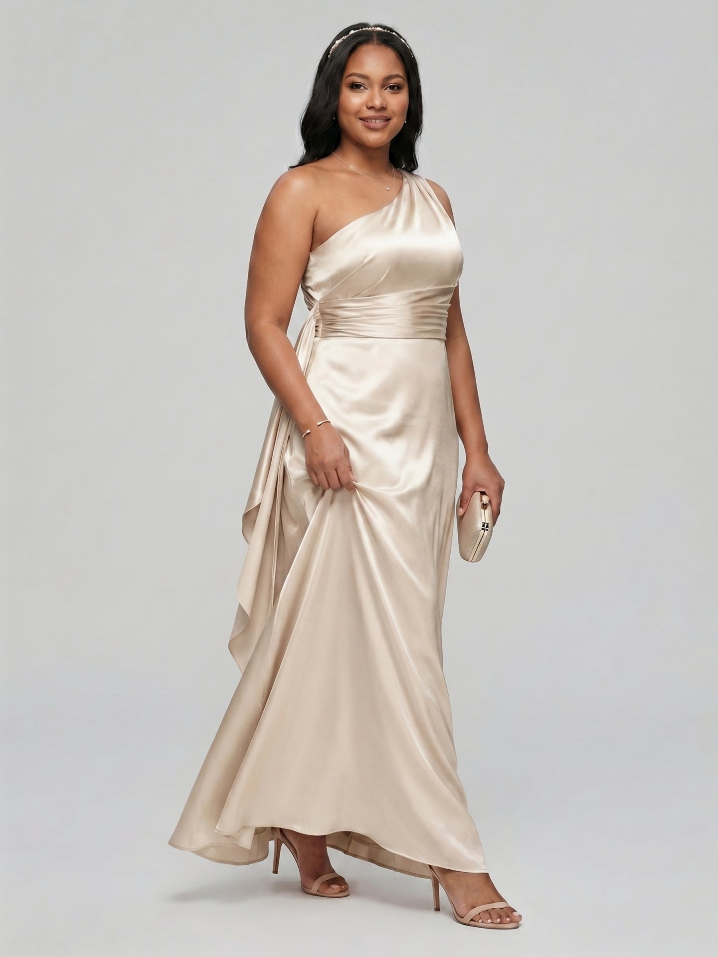Elegant Sand Satin A-Line One Shoulder Side Zip Ankle-Length Bridesmaid Dress
