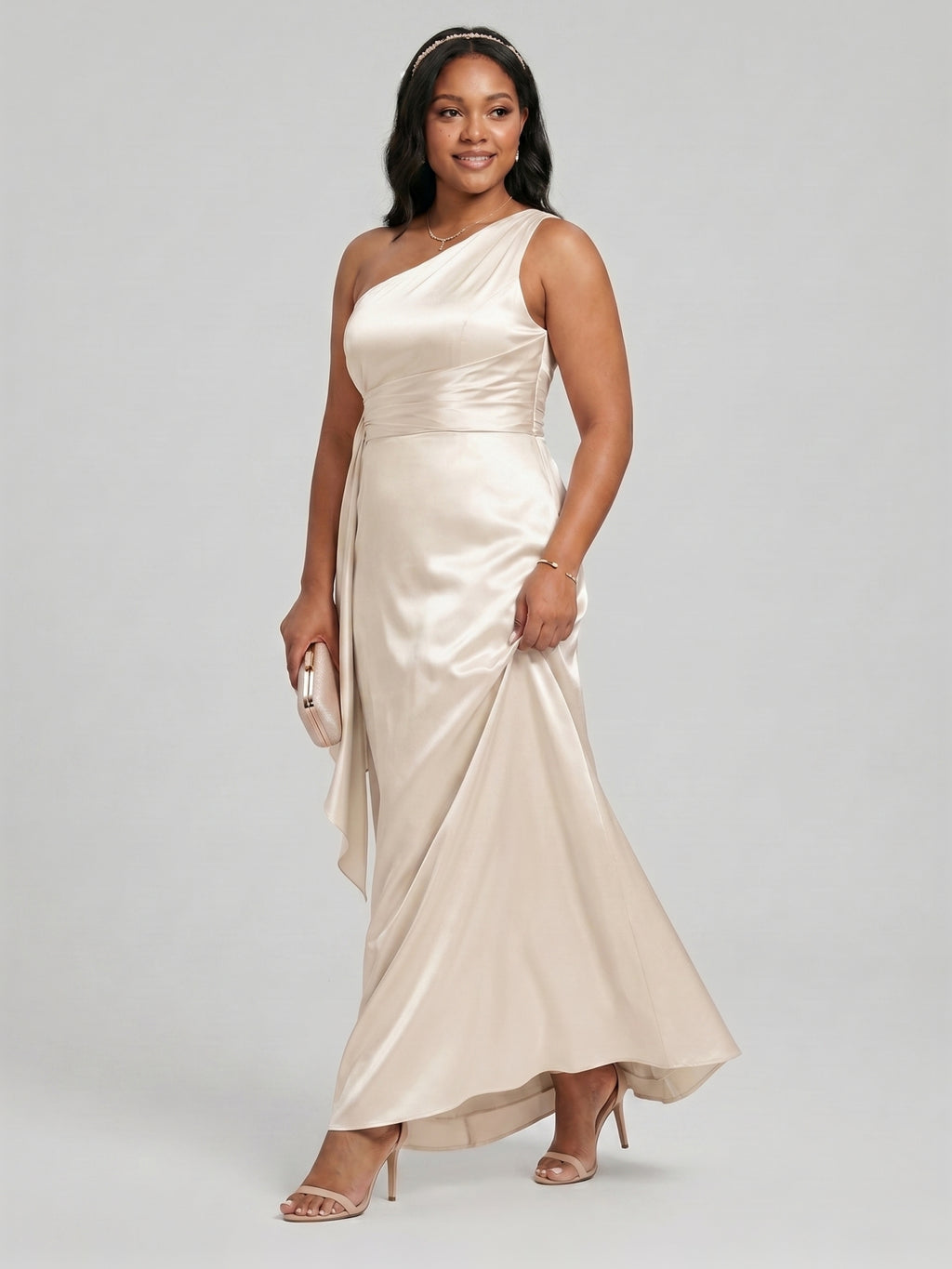 Elegant Sand Satin A-Line One Shoulder Side Zip Ankle-Length Bridesmaid Dress