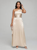 Elegant Sand Satin A-Line One Shoulder Side Zip Ankle-Length Bridesmaid Dress
