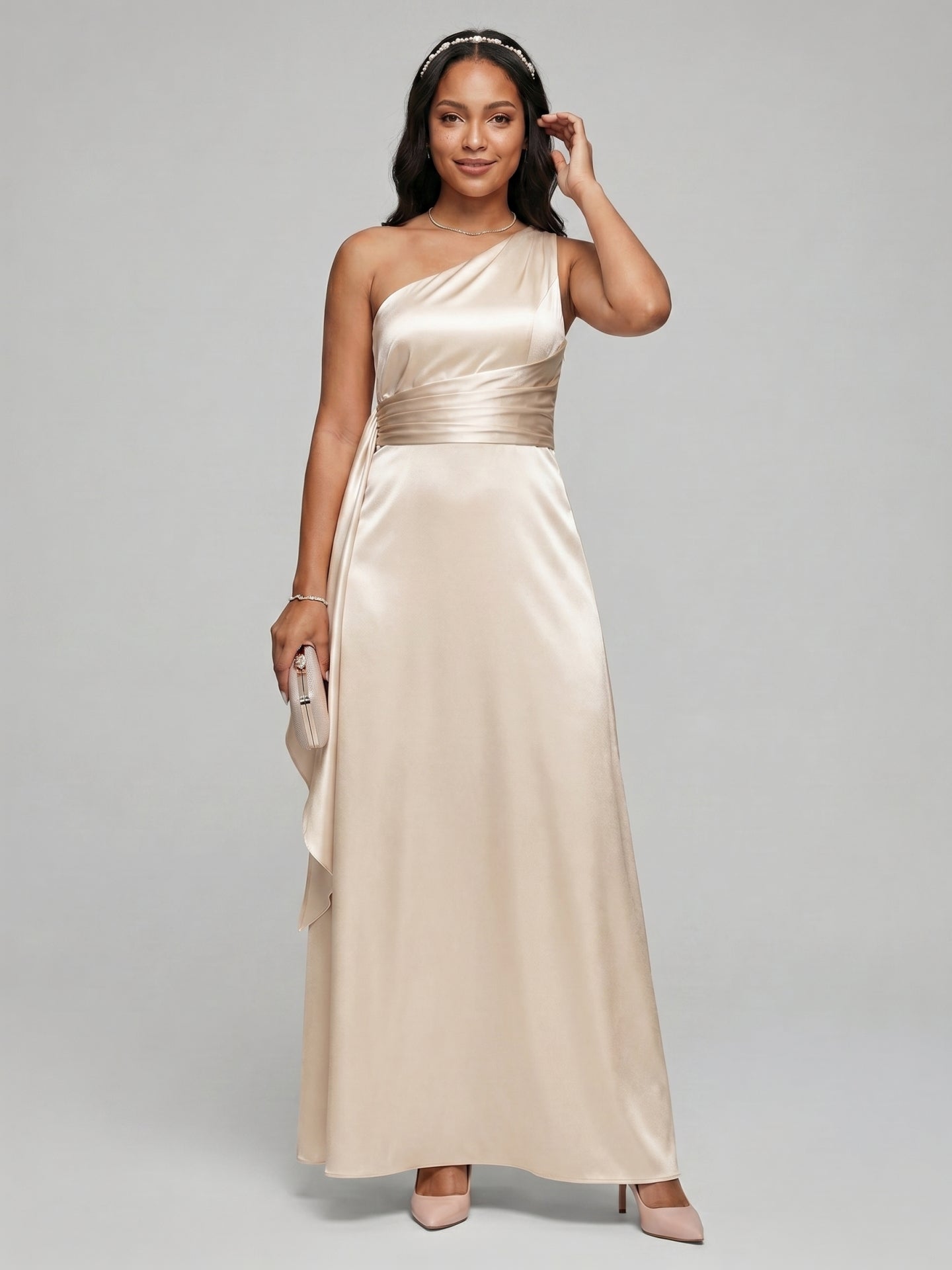 Elegant Sand Satin A-Line One Shoulder Side Zip Ankle-Length Bridesmaid Dress