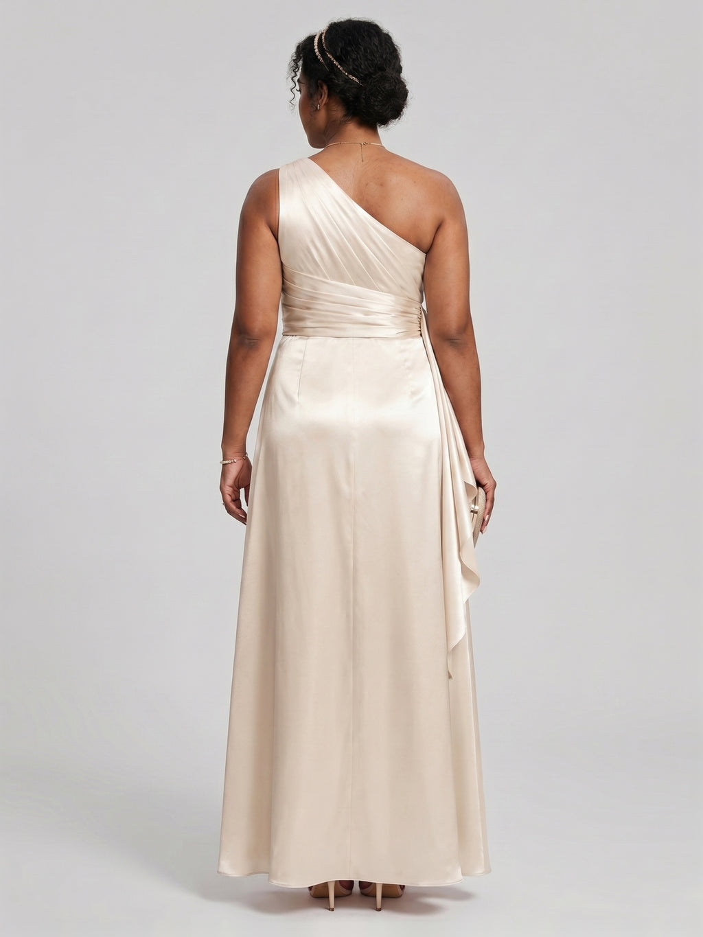 Elegant Sand Satin A-Line One Shoulder Side Zip Ankle-Length Bridesmaid Dress