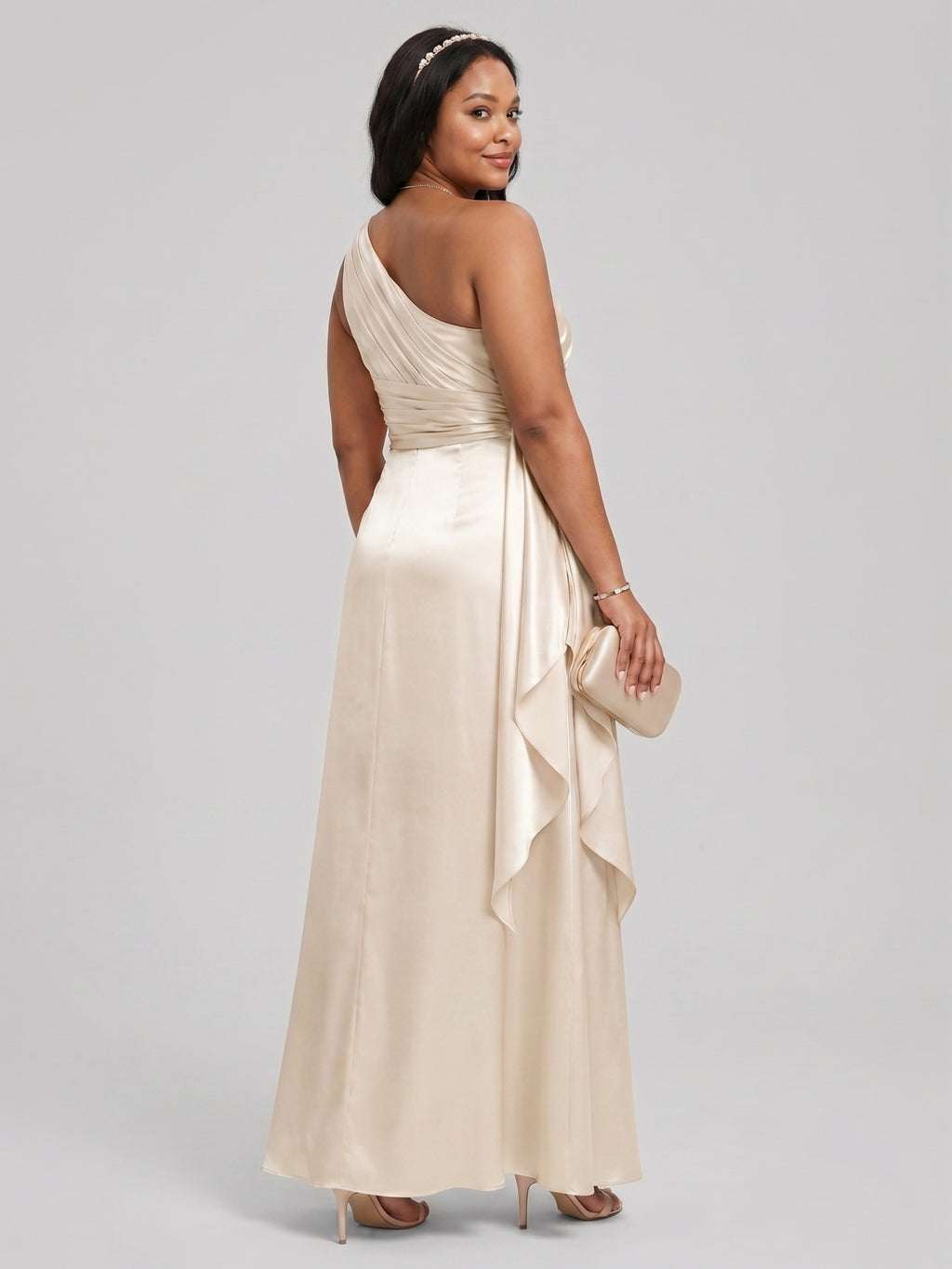 Elegant Sand Satin A-Line One Shoulder Side Zip Ankle-Length Bridesmaid Dress