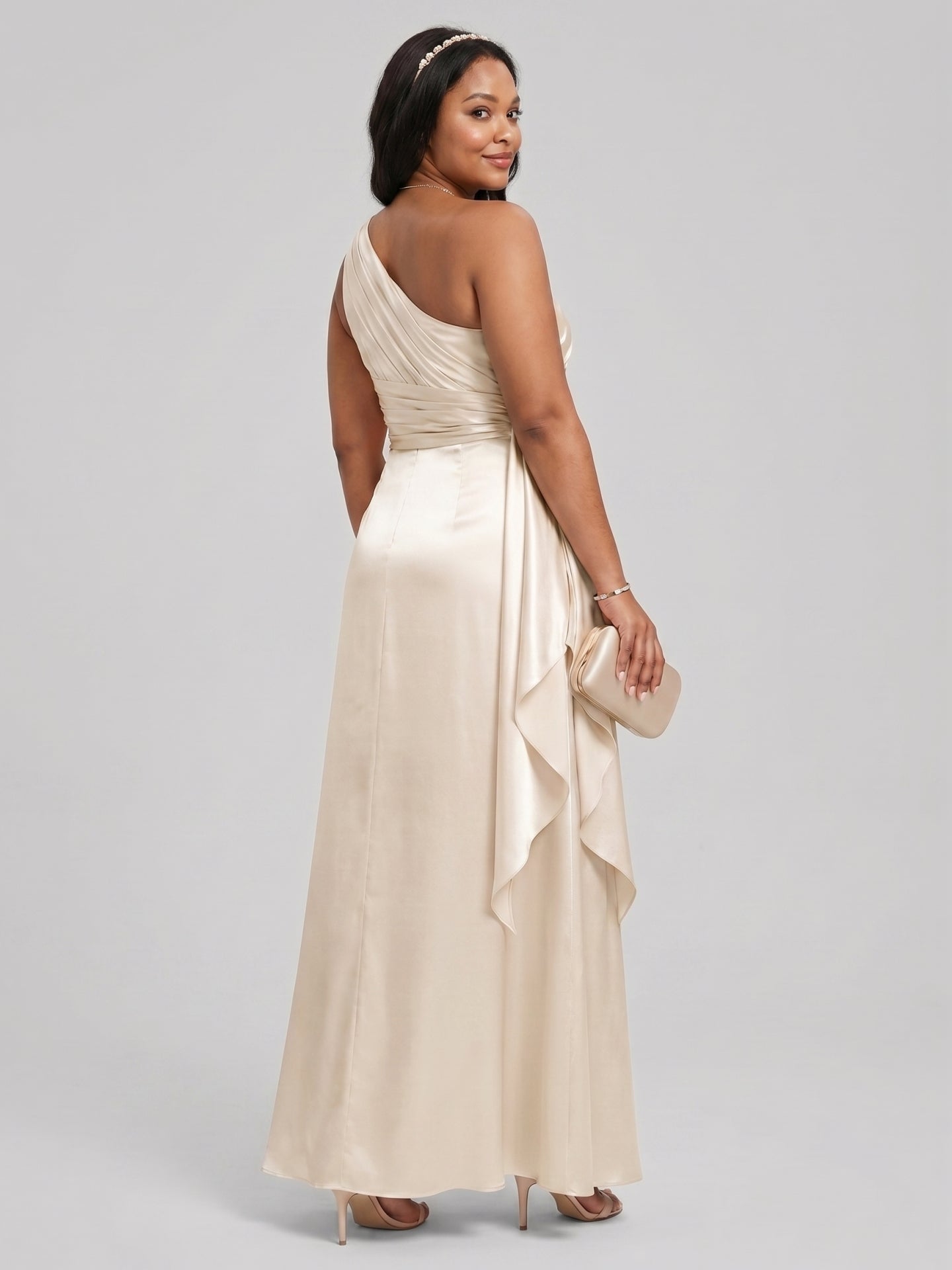 Elegant Sand Satin A-Line One Shoulder Side Zip Ankle-Length Bridesmaid Dress