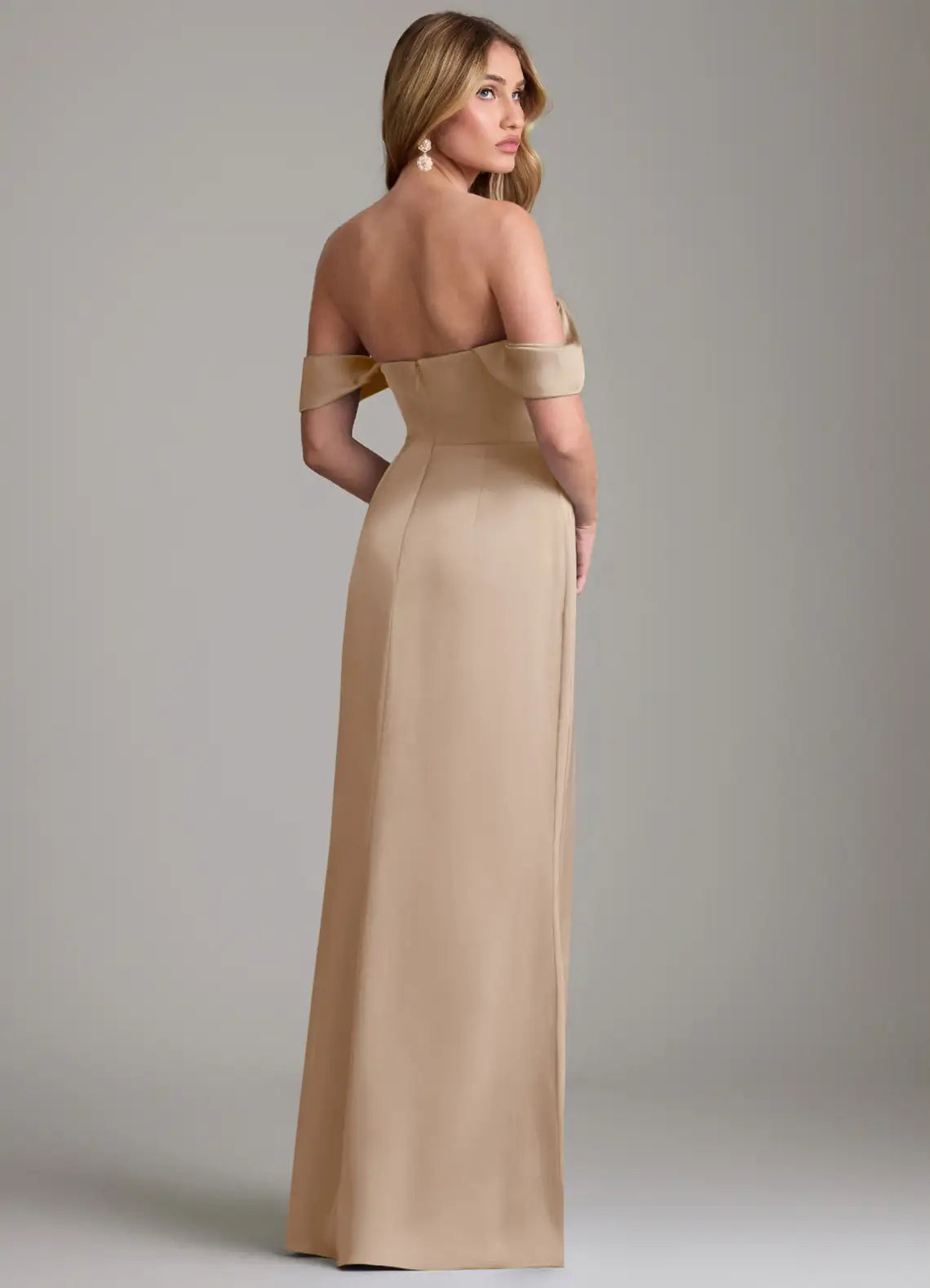 Elegant Satin Bridesmaid Dresses with Off-the-Shoulder Neckline, Structured Bodice and Floor-Length Skirt Formal Gown