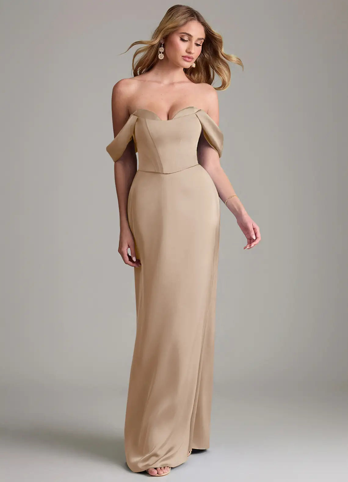 Elegant Satin Bridesmaid Dresses with Off-the-Shoulder Neckline, Structured Bodice and Floor-Length Skirt Formal Gown