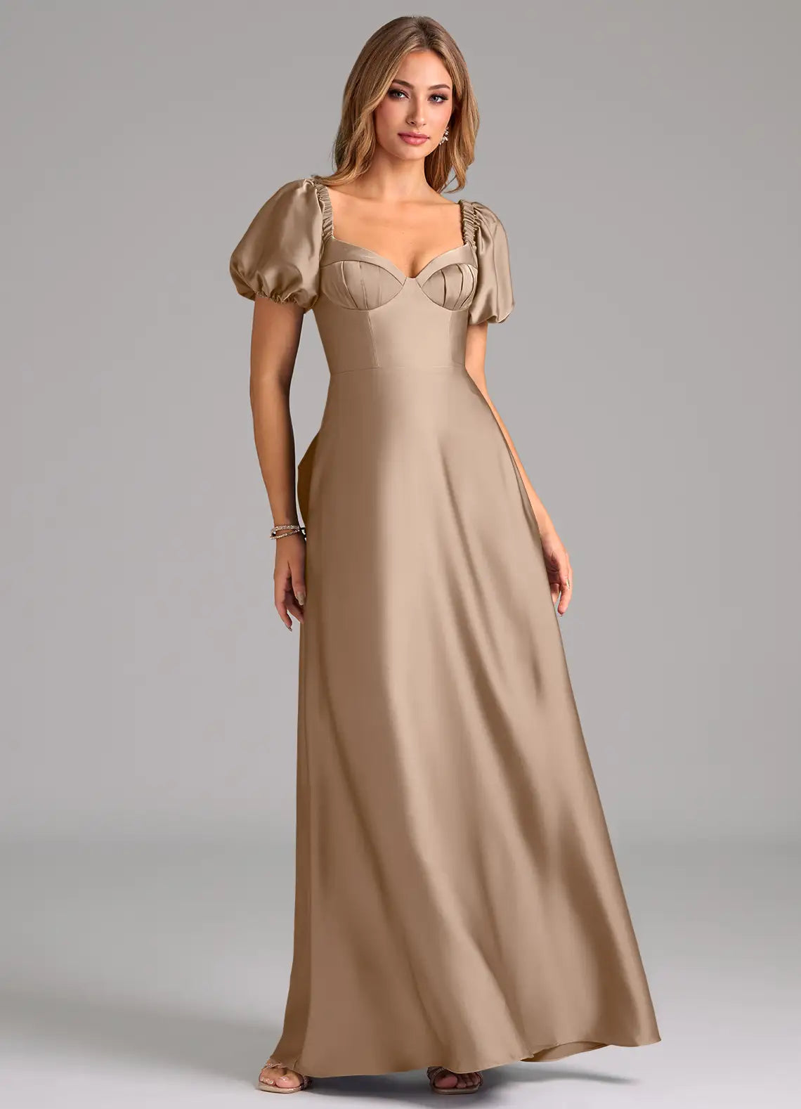 Elegant Satin Bridesmaid Dress with Puff Sleeves, Bow Back and Flowing Skirt
