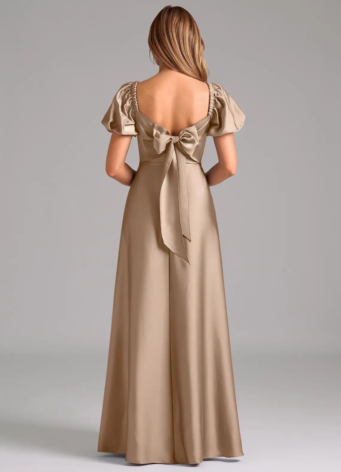 Elegant Satin Bridesmaid Dress with Puff Sleeves, Bow Back and Flowing Skirt