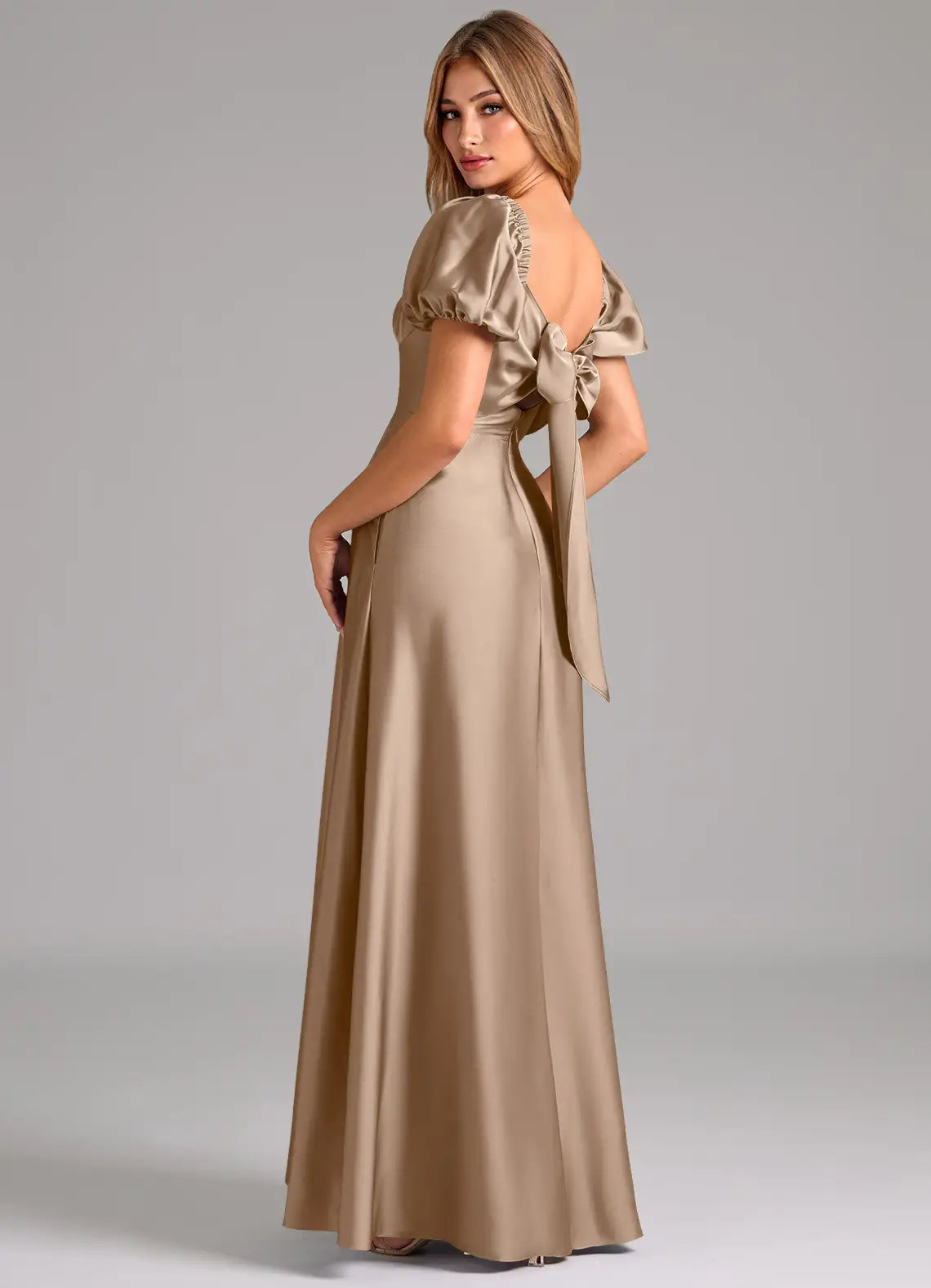 Elegant Satin Bridesmaid Dress with Puff Sleeves, Bow Back and Flowing Skirt