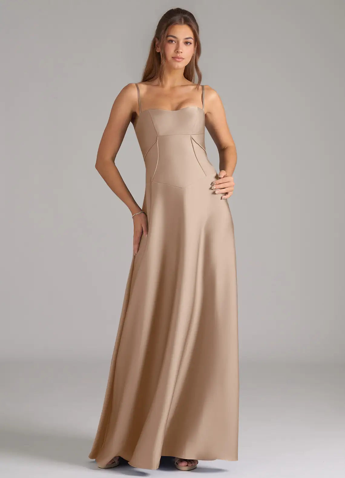 Elegant Satin Bridesmaid Dress with Square Neck, Lace-Up Back and Flowing Skirt