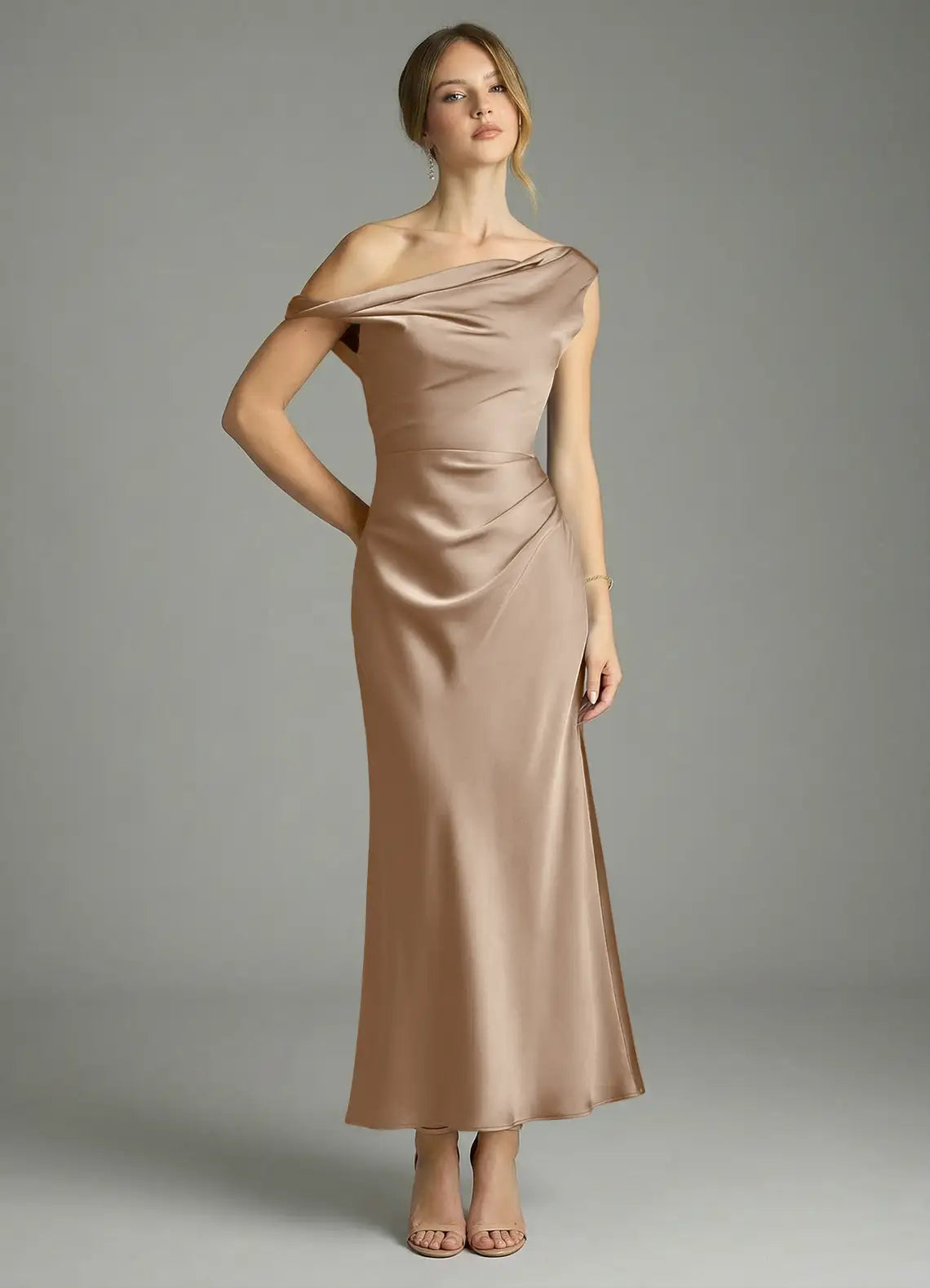 Elegant Satin Sheath One-Shoulder Sleeveless Ruched Midi Bridesmaid Dress with Slit