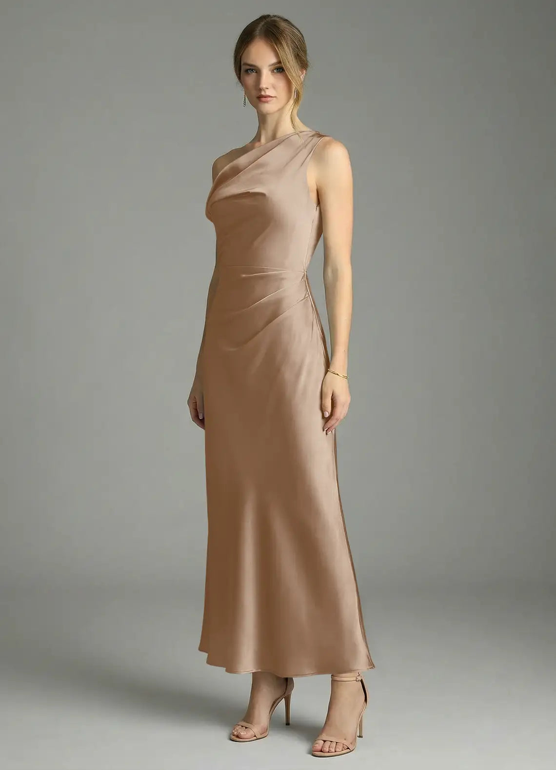 Elegant Satin Sheath One-Shoulder Sleeveless Ruched Midi Bridesmaid Dress with Slit