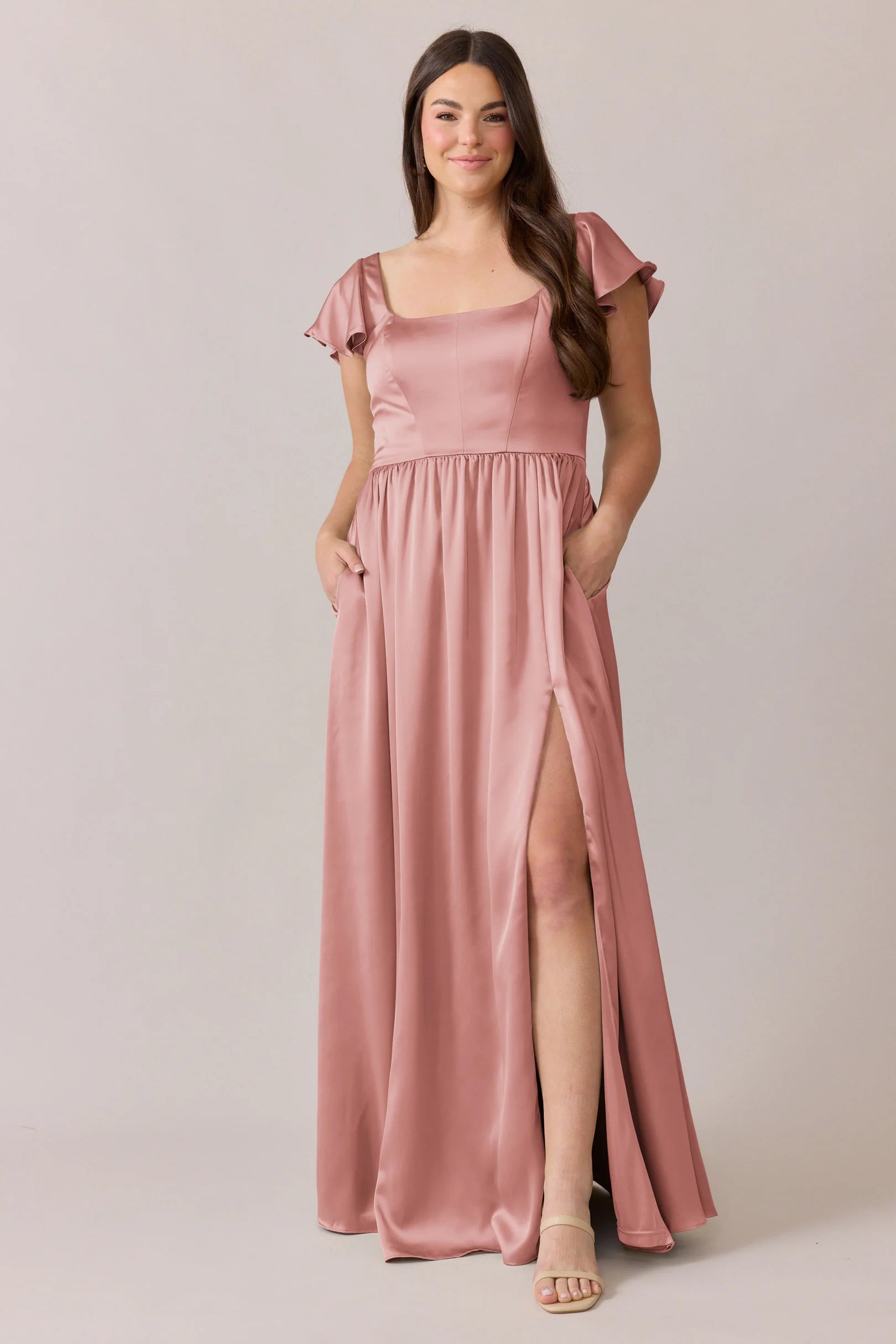 Elegant Luxe Satin Square Neck Flutter Short Sleeve A-Line Bridesmaid Dress with Pockets, High Slit & Open Back