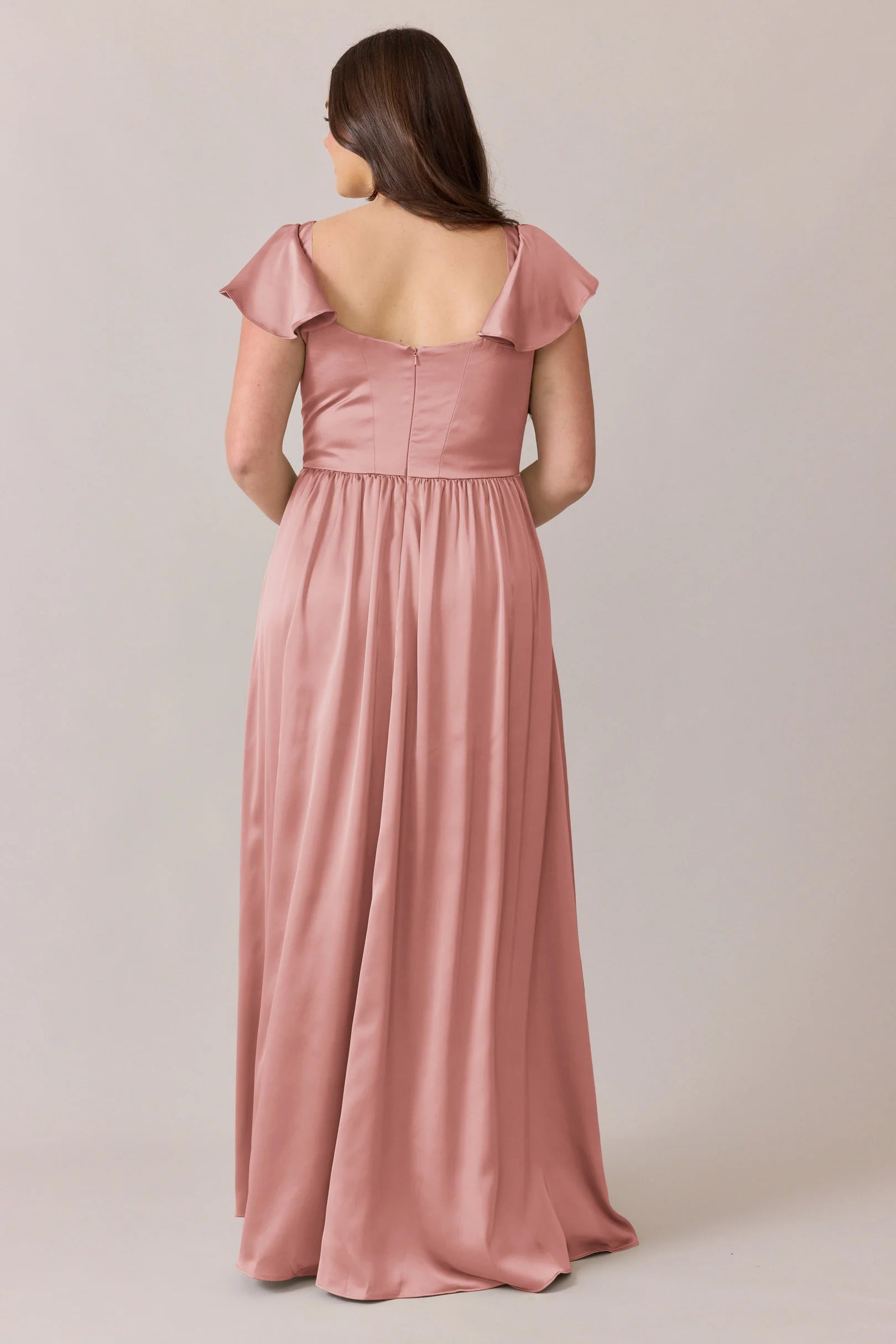 Elegant Luxe Satin Square Neck Flutter Short Sleeve A-Line Bridesmaid Dress with Pockets, High Slit & Open Back