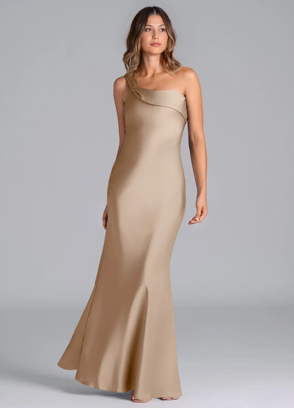 Elegant Satin Trumpet One-Shoulder Sleeveless Open-Back Floor-Length Bridesmaid Dress with Bow