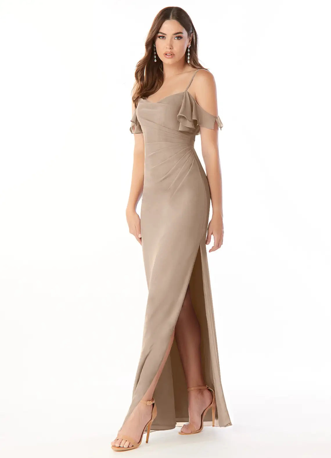 Elegant Sheath Off-the-Shoulder Ruffled Strap Cowl-Back Floor-Length Bridesmaid Dress with Slit