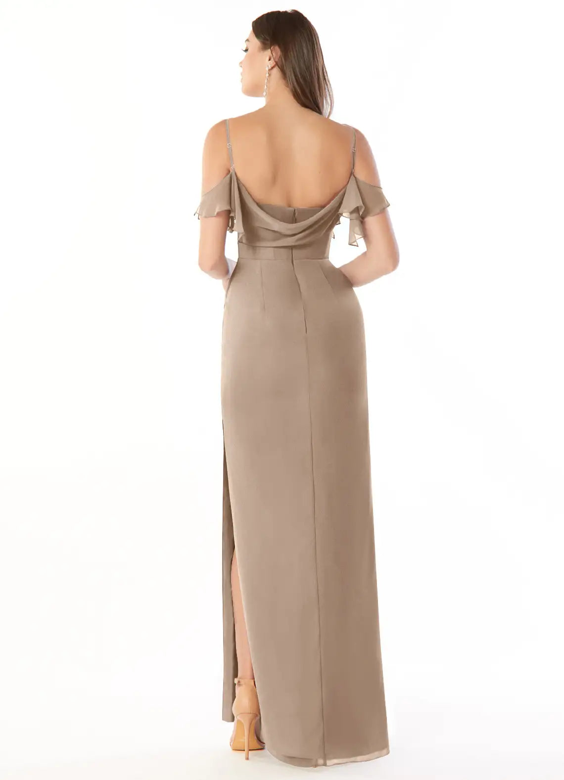Elegant Sheath Off-the-Shoulder Ruffled Strap Cowl-Back Floor-Length Bridesmaid Dress with Slit