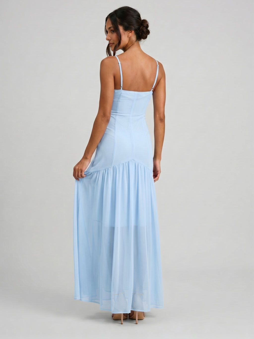 Elegant Sky Blue Chiffon Column Square Neck Backless Ankle-Length with Pleated Bridesmaid Dress