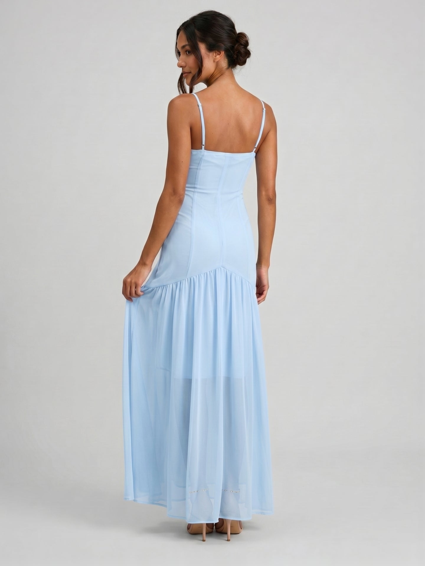Elegant Sky Blue Chiffon Column Square Neck Backless Ankle-Length with Pleated Bridesmaid Dress