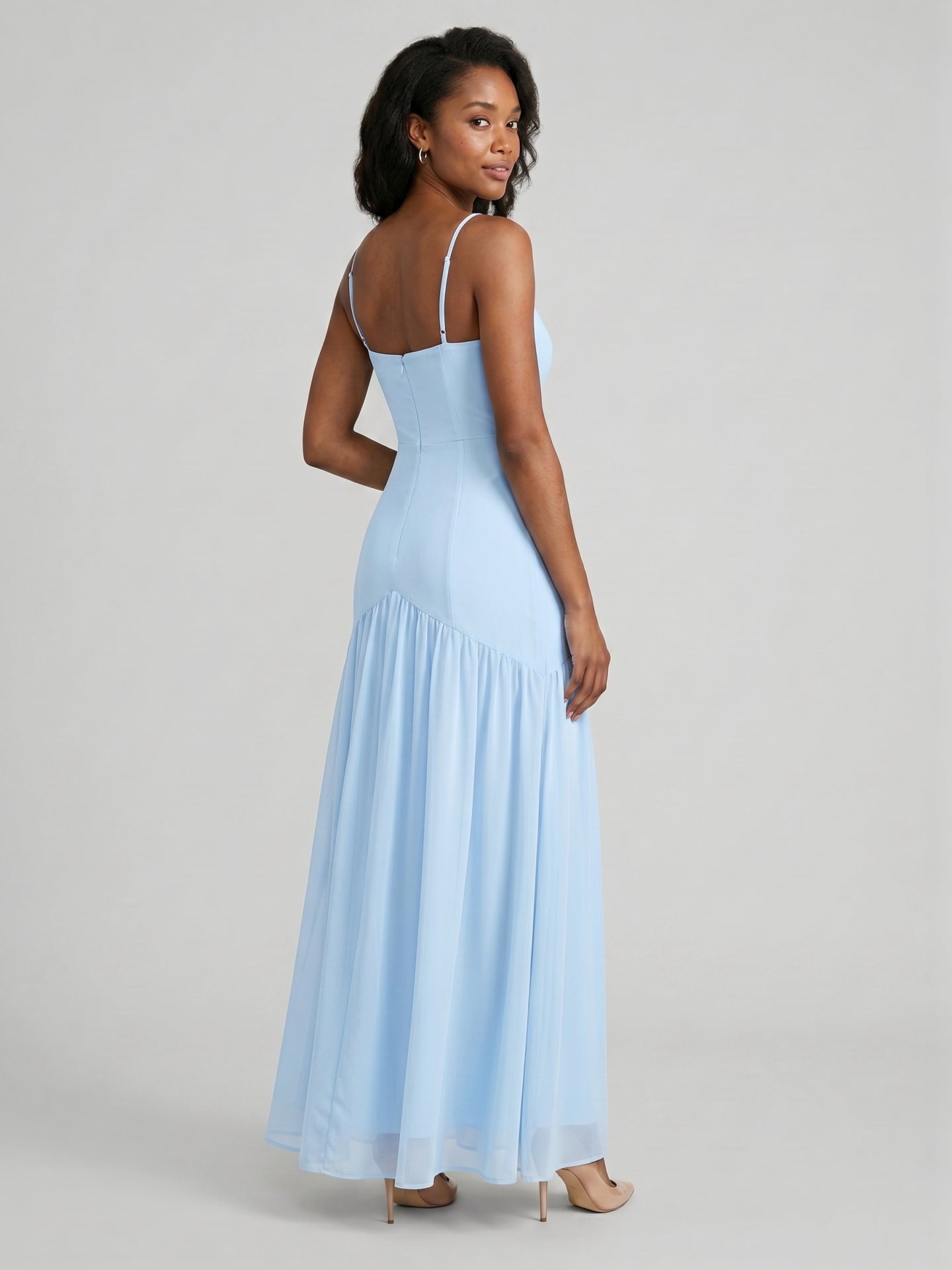 Elegant Sky Blue Chiffon Column Square Neck Backless Ankle-Length with Pleated Bridesmaid Dress