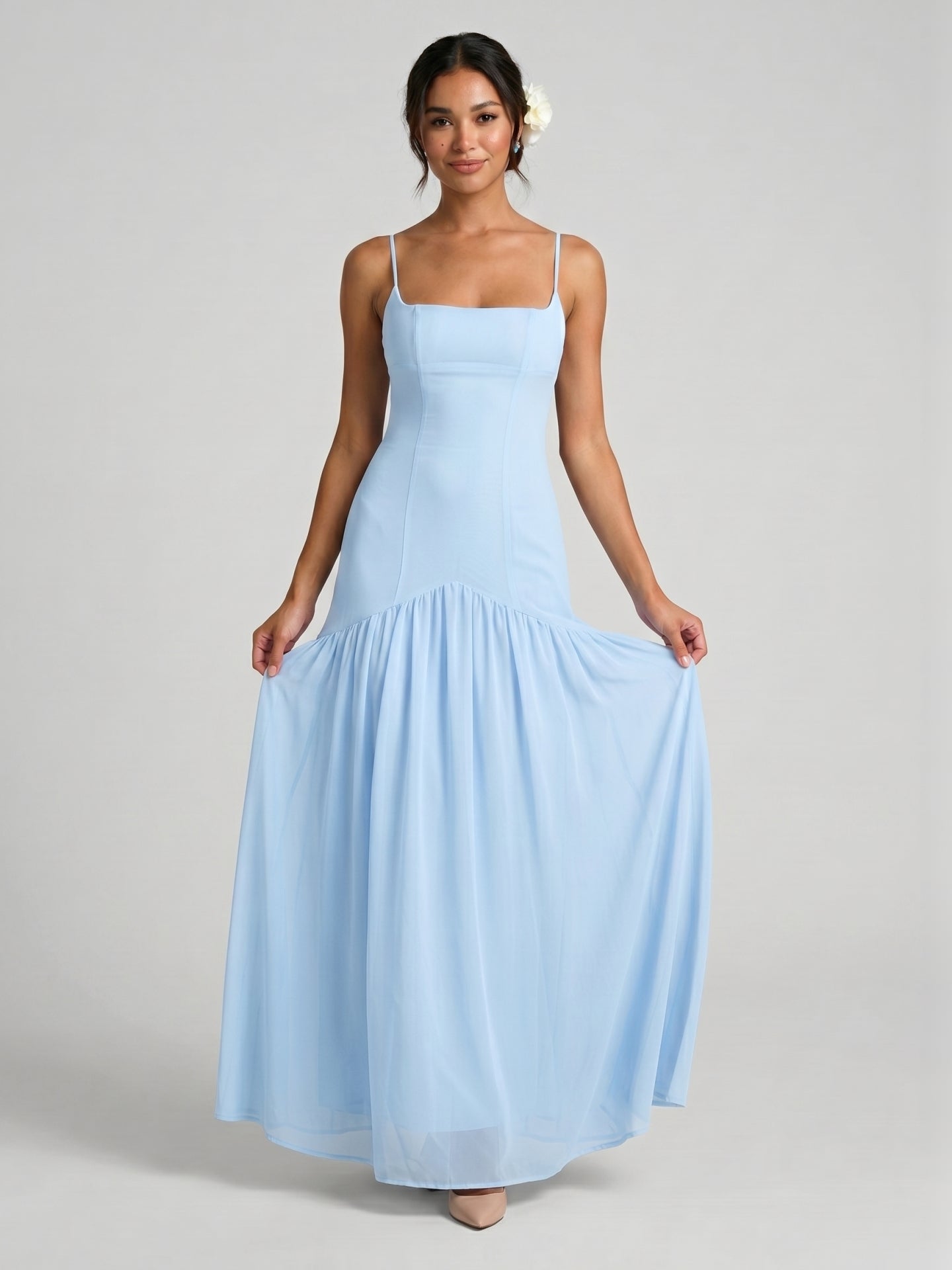 Elegant Sky Blue Chiffon Column Square Neck Backless Ankle-Length with Pleated Bridesmaid Dress