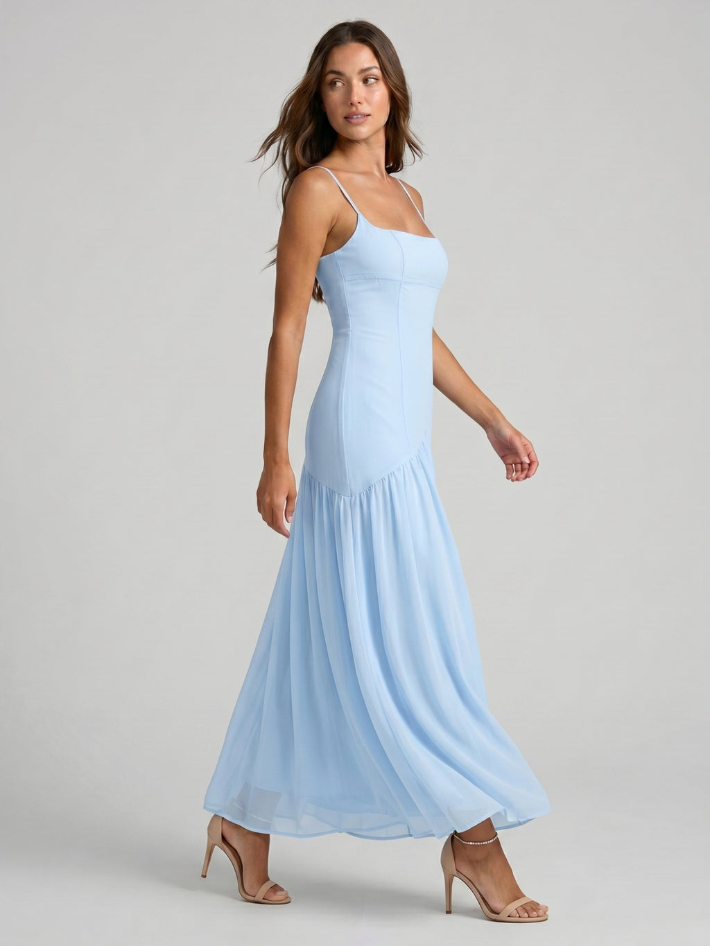 Elegant Sky Blue Chiffon Column Square Neck Backless Ankle-Length with Pleated Bridesmaid Dress