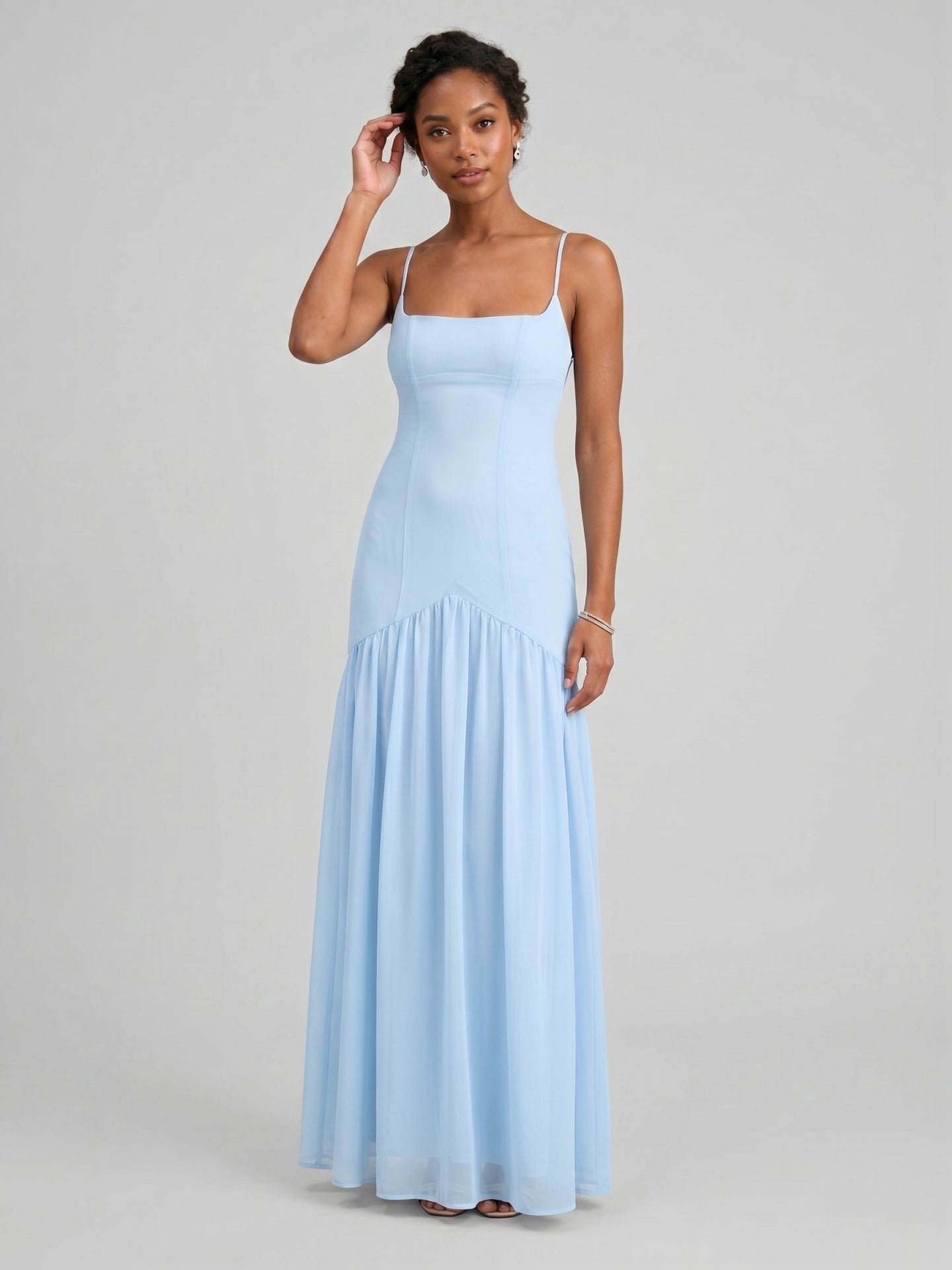 Elegant Sky Blue Chiffon Column Square Neck Backless Ankle-Length with Pleated Bridesmaid Dress
