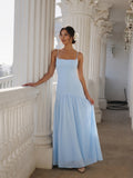 Elegant Sky Blue Chiffon Column Square Neck Backless Ankle-Length with Pleated Bridesmaid Dress