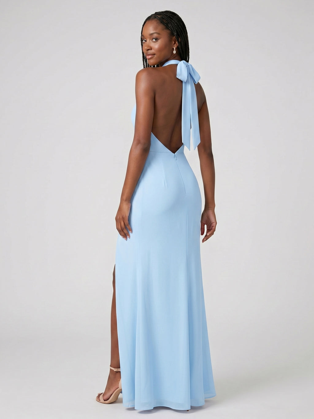 Elegant Sky Blue Chiffon Mermaid Halter neckline Backless Ankle-Length Bridesmaid Dress