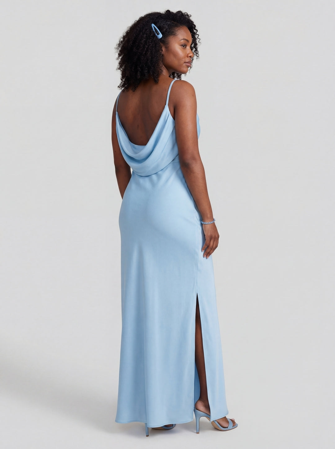Elegant Sky Blue Satin Sheath Cowl Neck Backless Ankle-Length Bridesmaid Dress