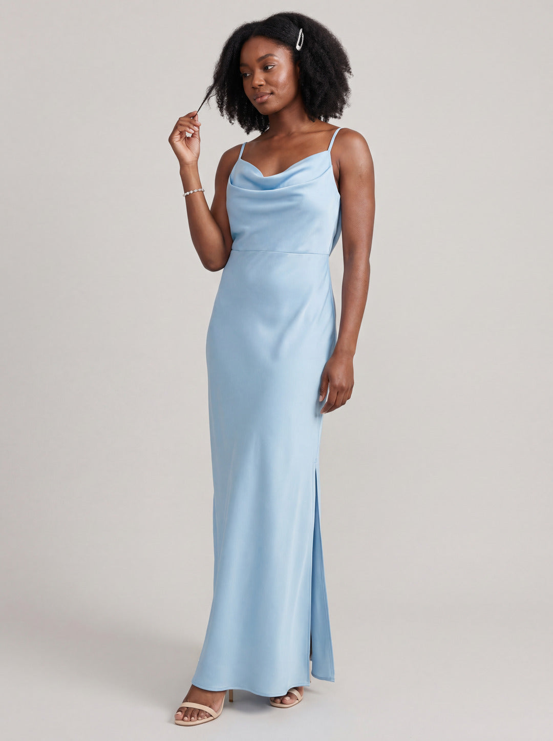 Elegant Sky Blue Satin Sheath Cowl Neck Backless Ankle-Length Bridesmaid Dress