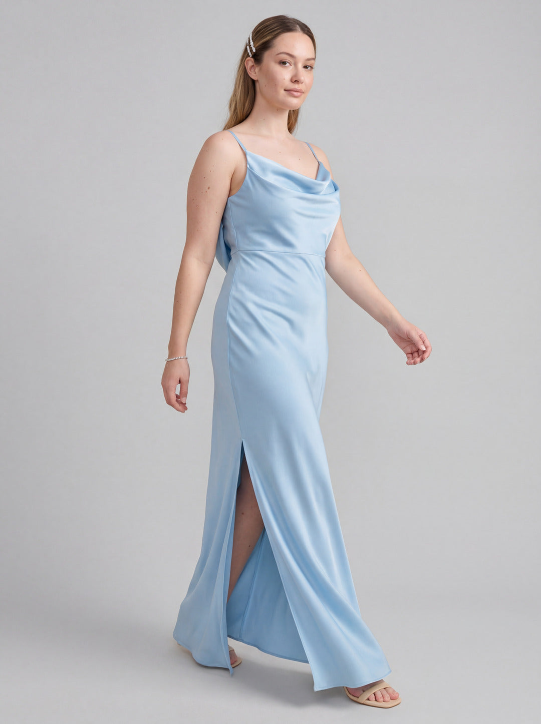Elegant Sky Blue Satin Sheath Cowl Neck Backless Ankle-Length Bridesmaid Dress