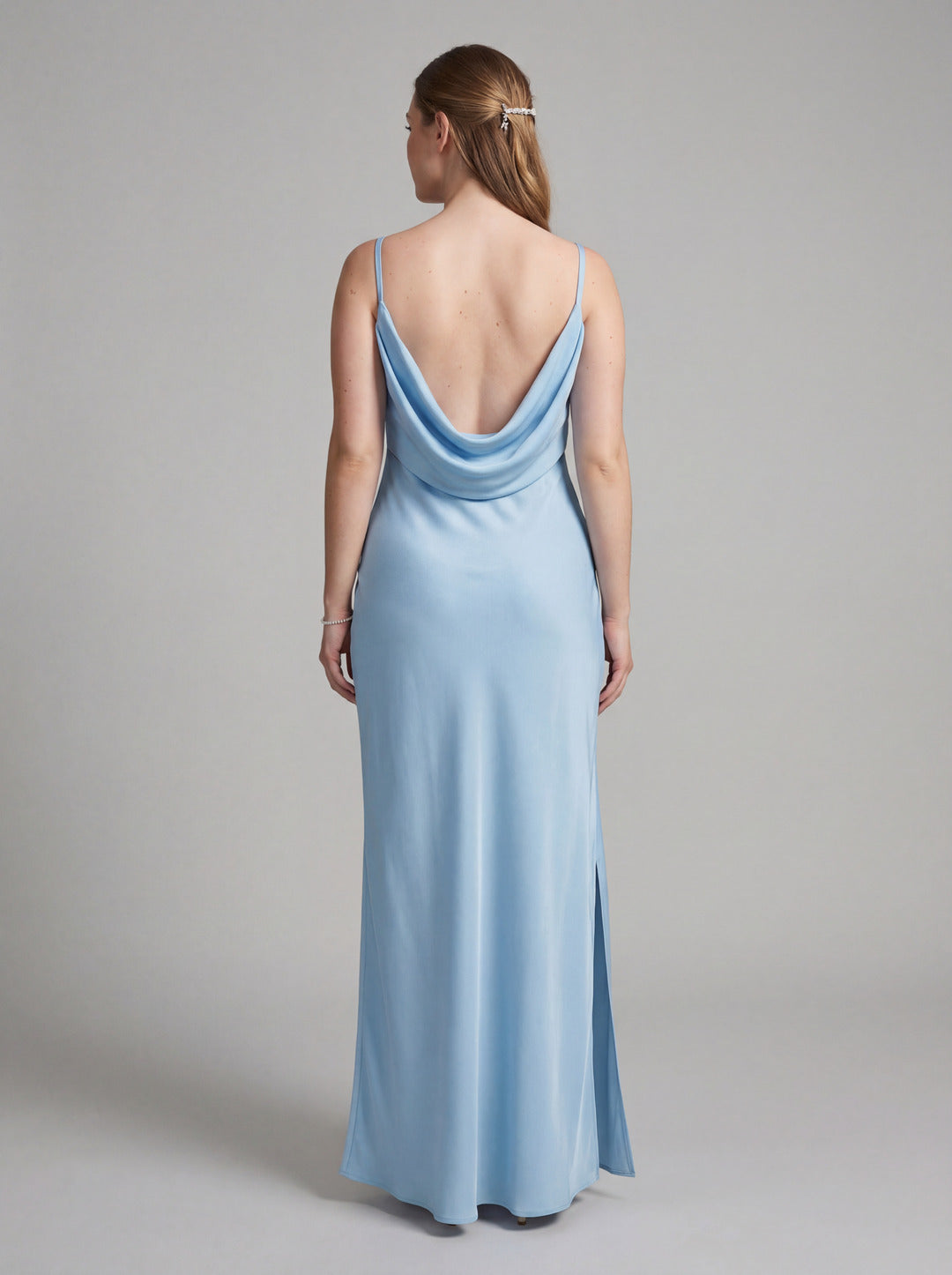 Elegant Sky Blue Satin Sheath Cowl Neck Backless Ankle-Length Bridesmaid Dress