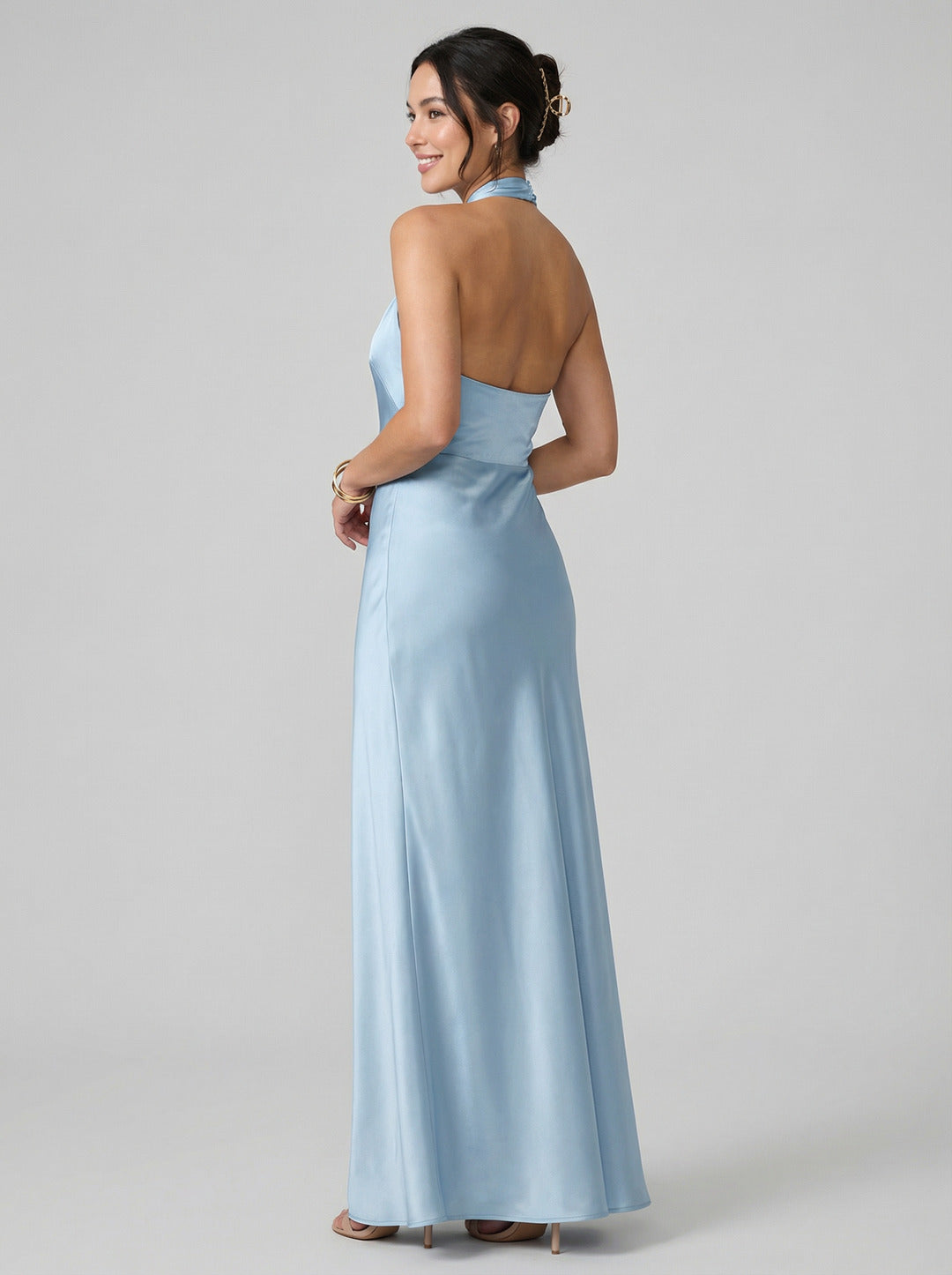 Elegant Sky Blue Satin Mermaid Halter Neckline Backless Ankle-Length Bridesmaid Dress
