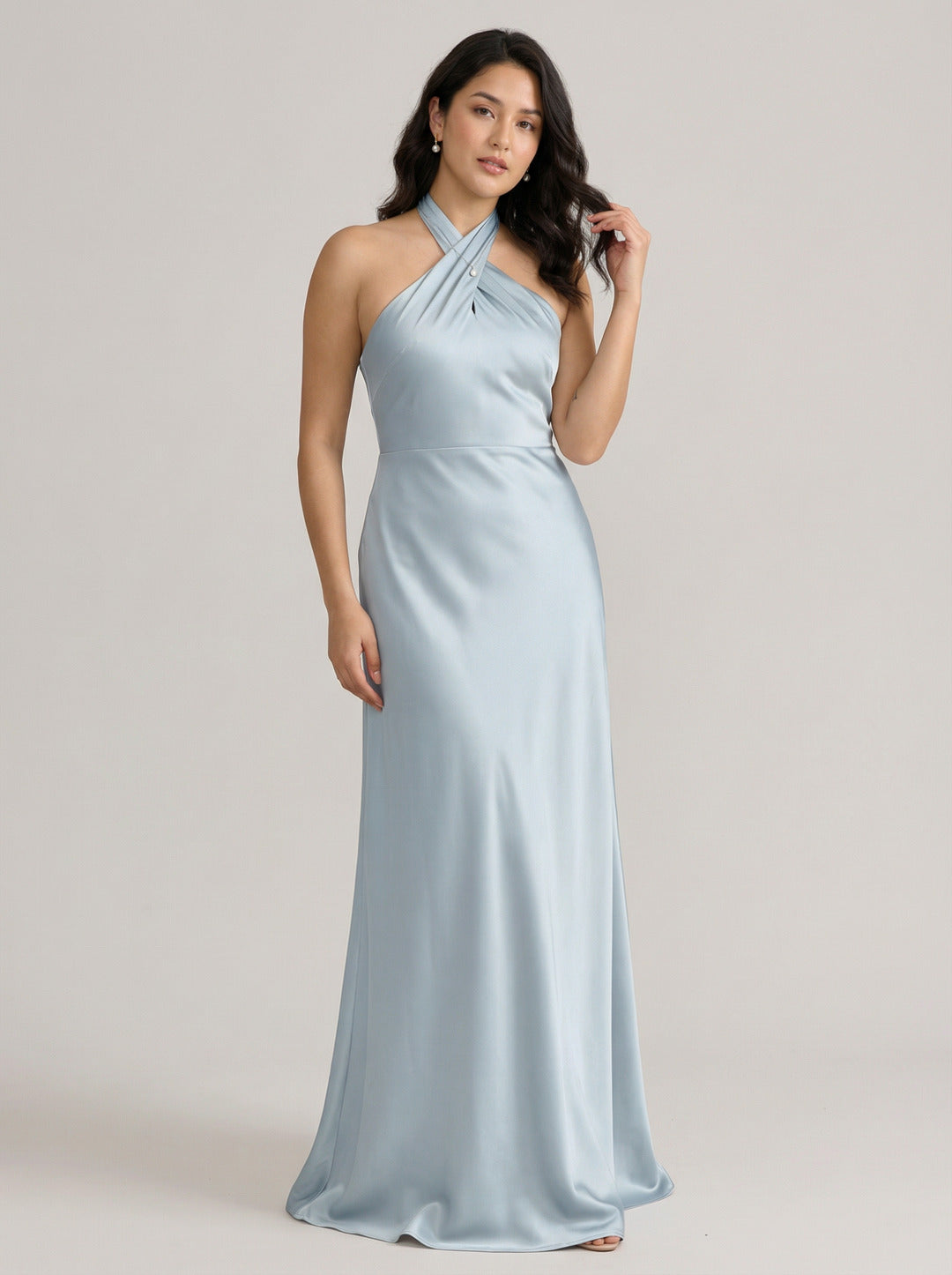 Elegant Sky Blue Satin Mermaid Halter Neckline Backless Ankle-Length Bridesmaid Dress