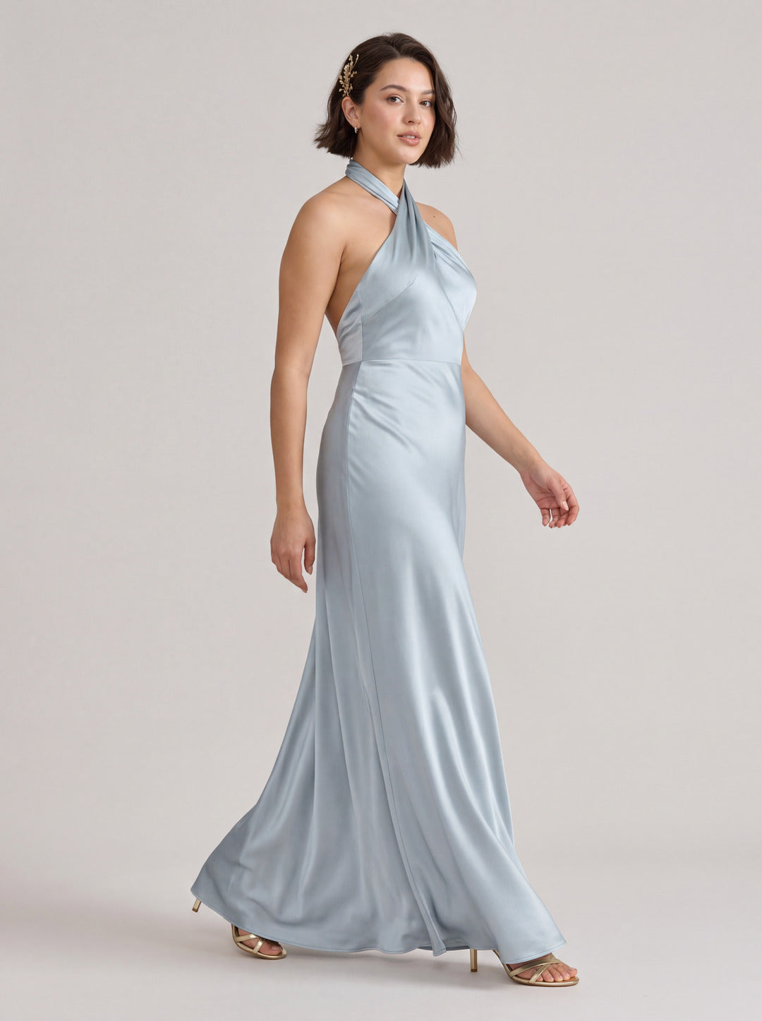 Elegant Sky Blue Satin Mermaid Halter Neckline Backless Ankle-Length Bridesmaid Dress