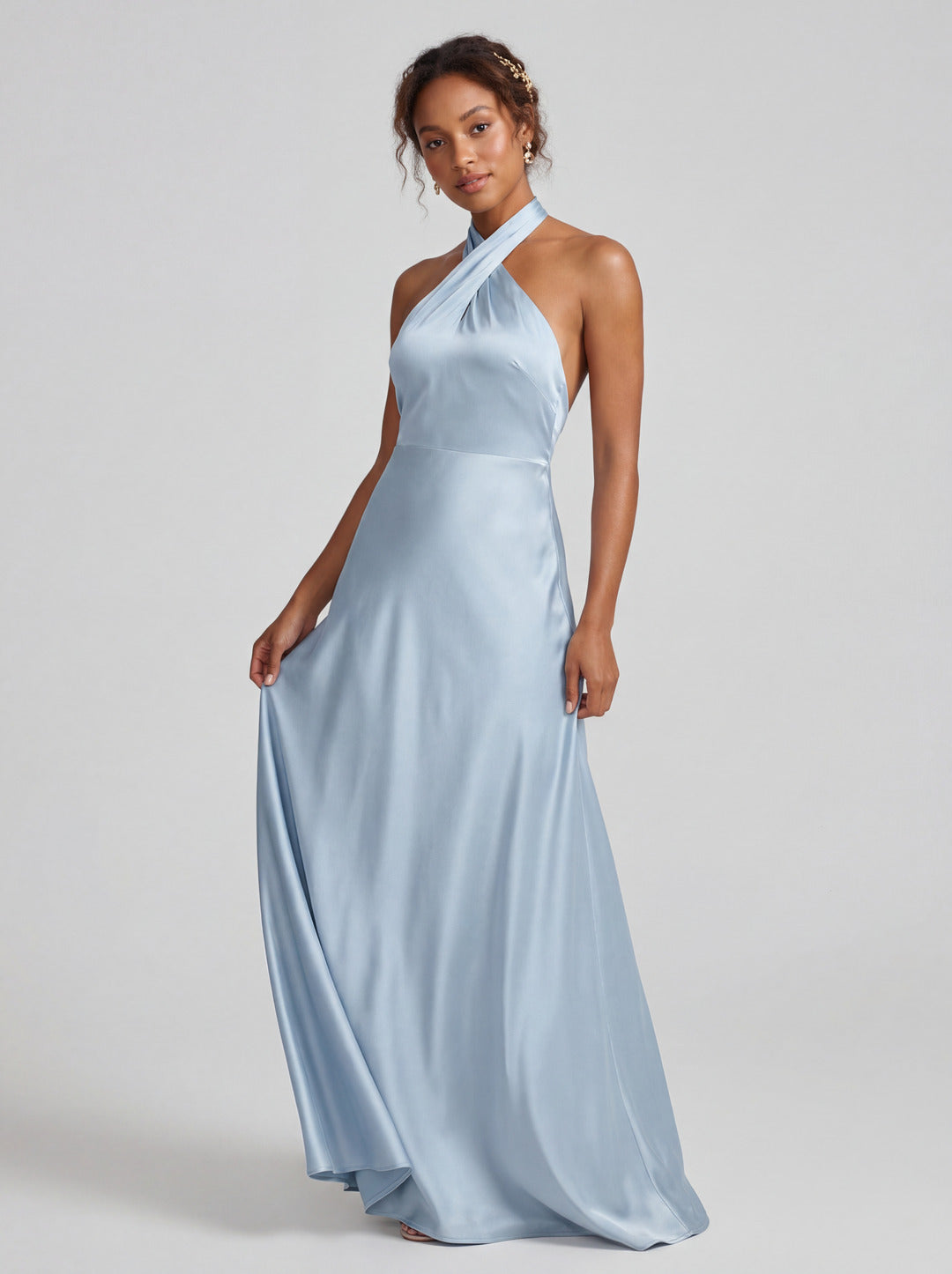 Elegant Sky Blue Satin Mermaid Halter Neckline Backless Ankle-Length Bridesmaid Dress