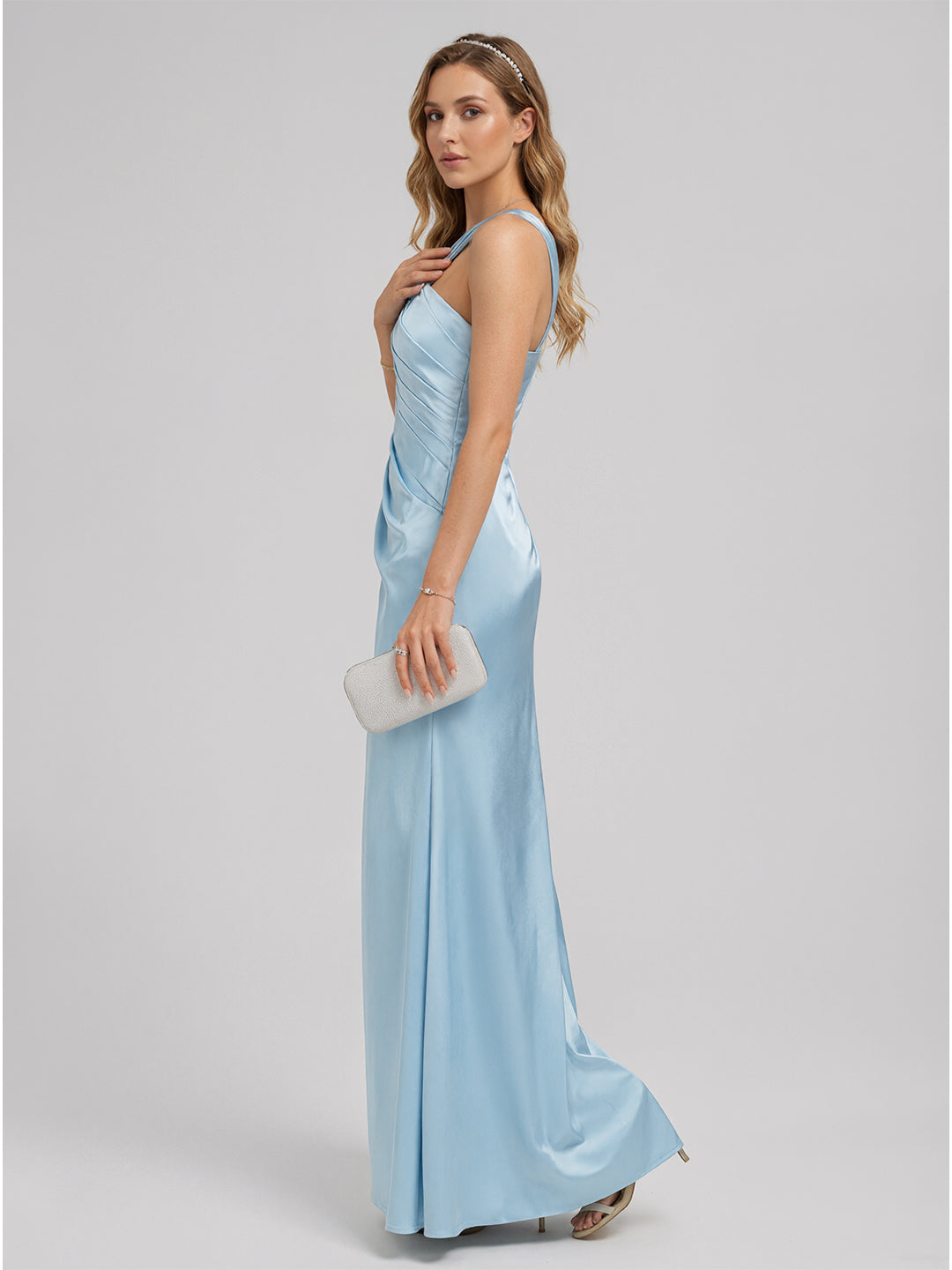 Elegant Sky Blue Satin Trumpet One Shoulder Side Zip Ankle-Length Bridesmaid Dress