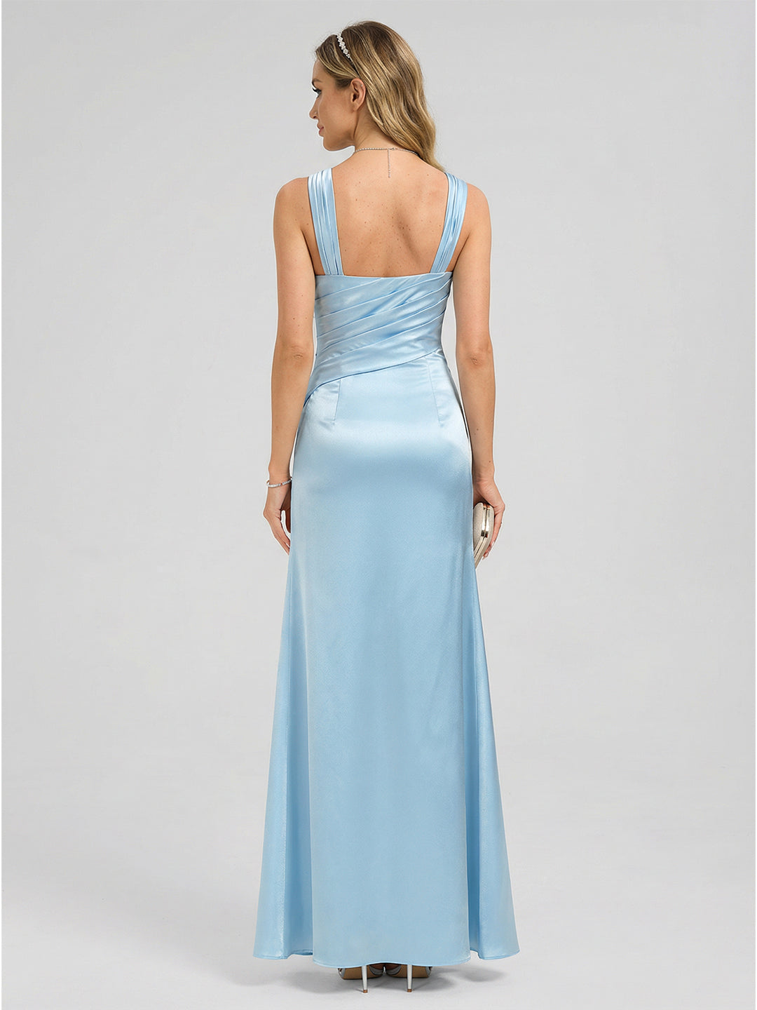 Elegant Sky Blue Satin Trumpet One Shoulder Side Zip Ankle-Length Bridesmaid Dress