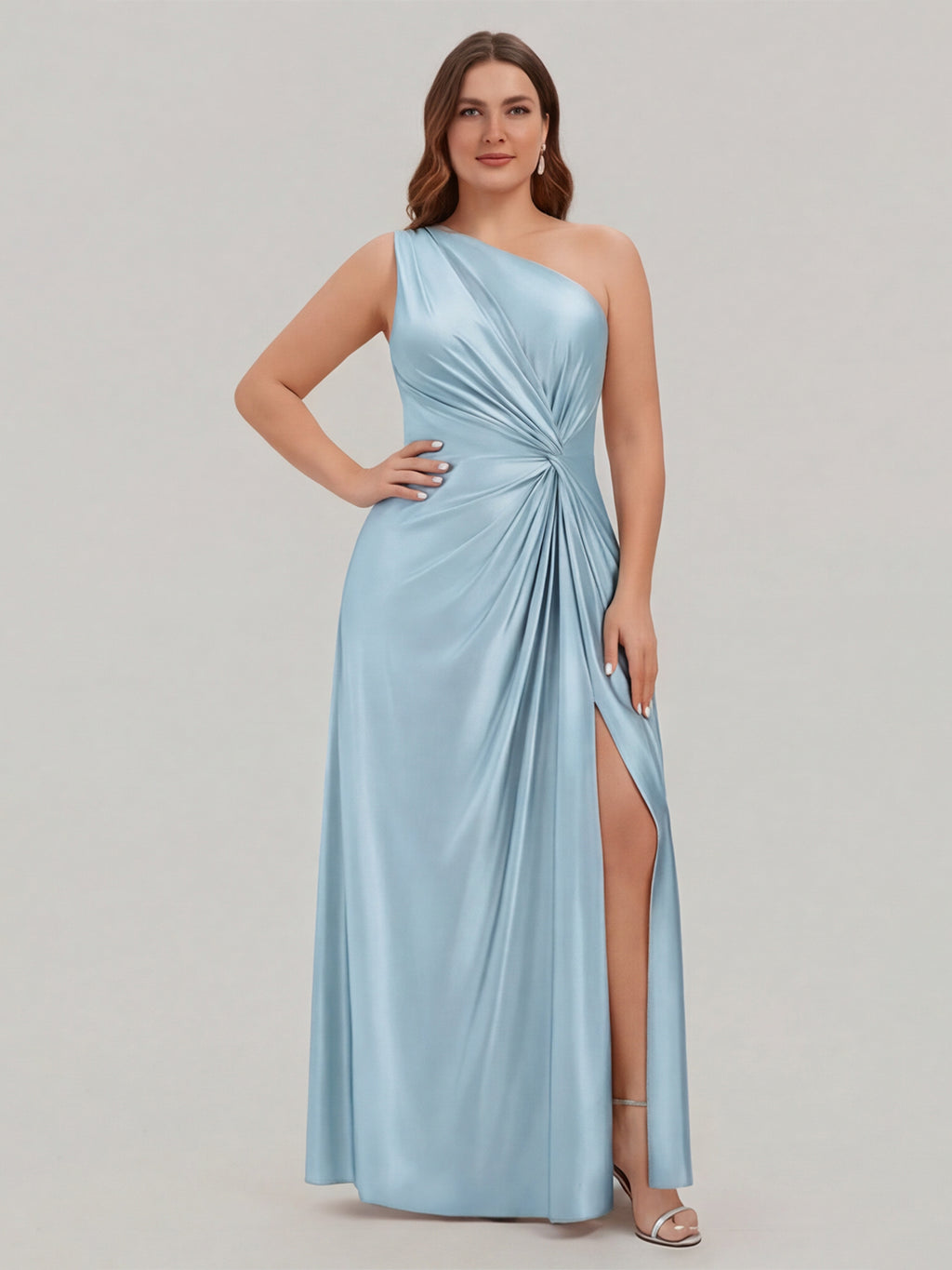 Elegant Sky Blue Satin A-Line One Shoulder Side Zip Ankle-Length Plus Size Bridesmaid Dress