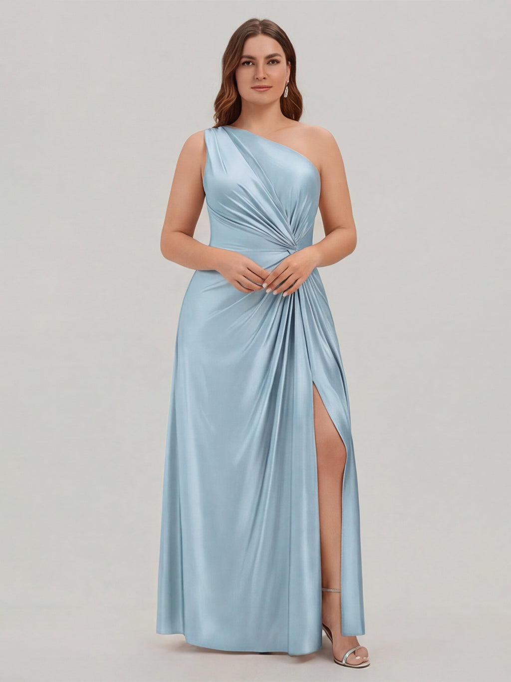 Elegant Sky Blue Satin A-Line One Shoulder Side Zip Ankle-Length Plus Size Bridesmaid Dress