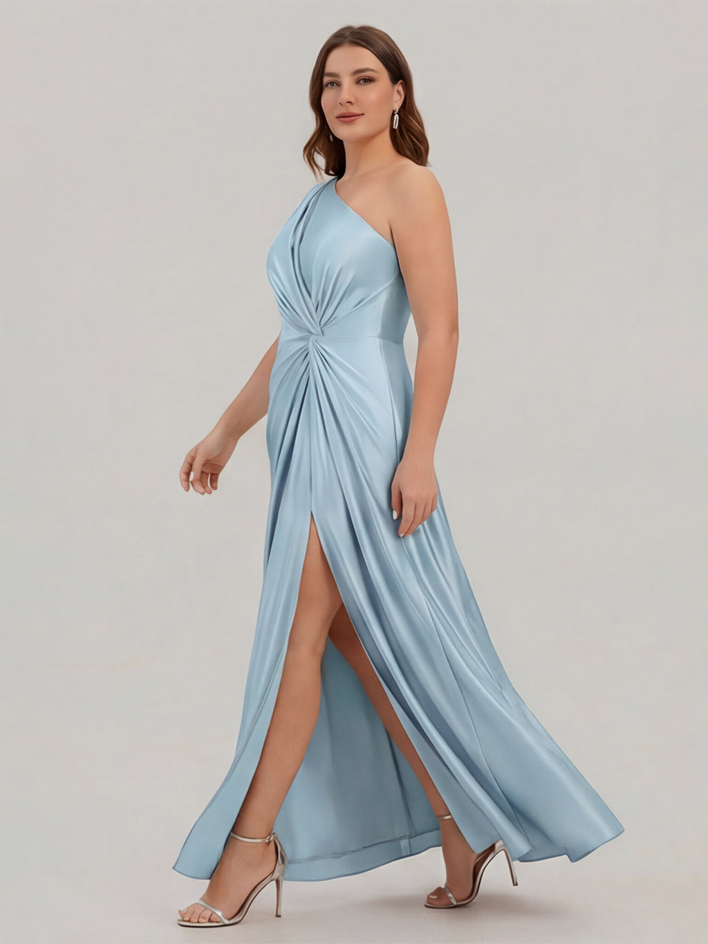 Elegant Sky Blue Satin A-Line One Shoulder Side Zip Ankle-Length Plus Size Bridesmaid Dress